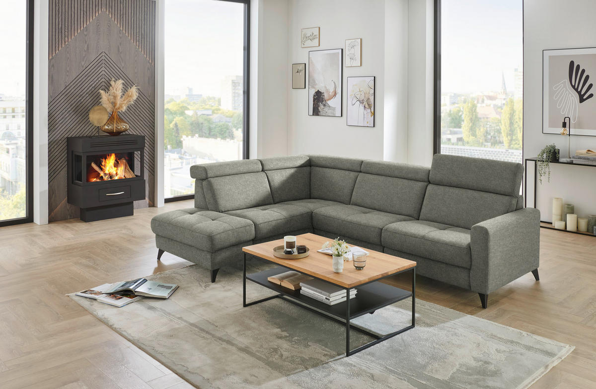 ECKSOFA Beldomo System in Flachgewebe Hellgrau  214/276 cm  - Hellgrau/Schwarz, KONVENTIONELL, Textil/Metall (214/276cm) - Beldomo System