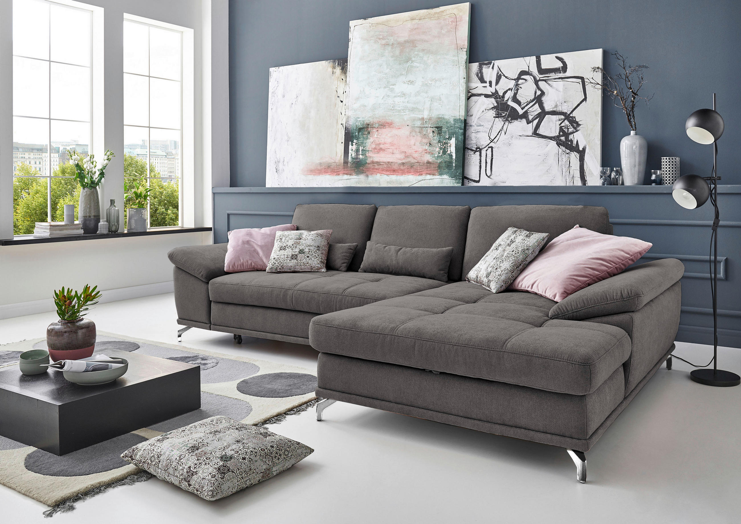 ECKSOFA in Flachgewebe Grau  - Silberfarben/Grau, Konventionell, Textil/Metall (301/176cm) - Sit & More