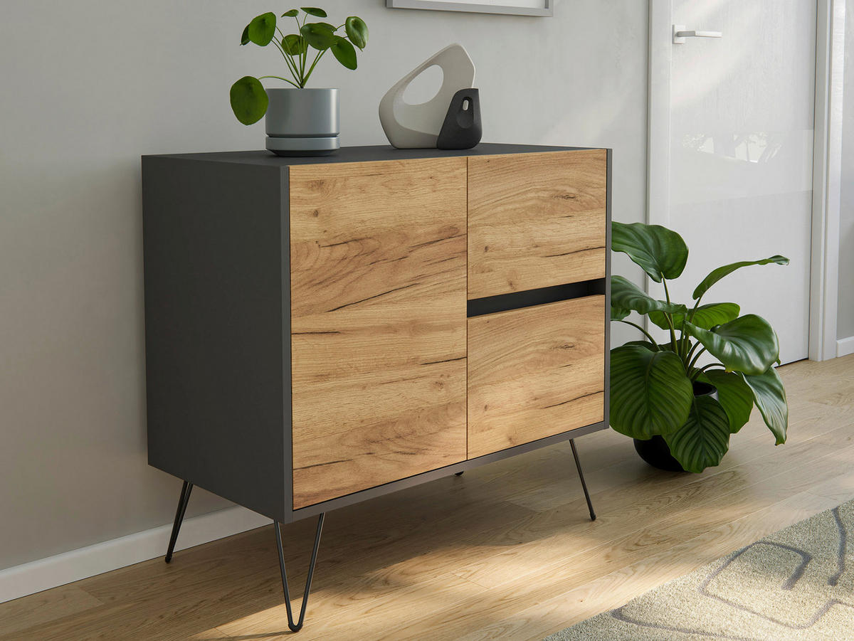 SIDEBOARD Posseik Industrial  in 79/75,8/42 cm  - Eichefarben/Graphitfarben, Design, Holzwerkstoff/Metall (79/75,8/42cm) - P & B