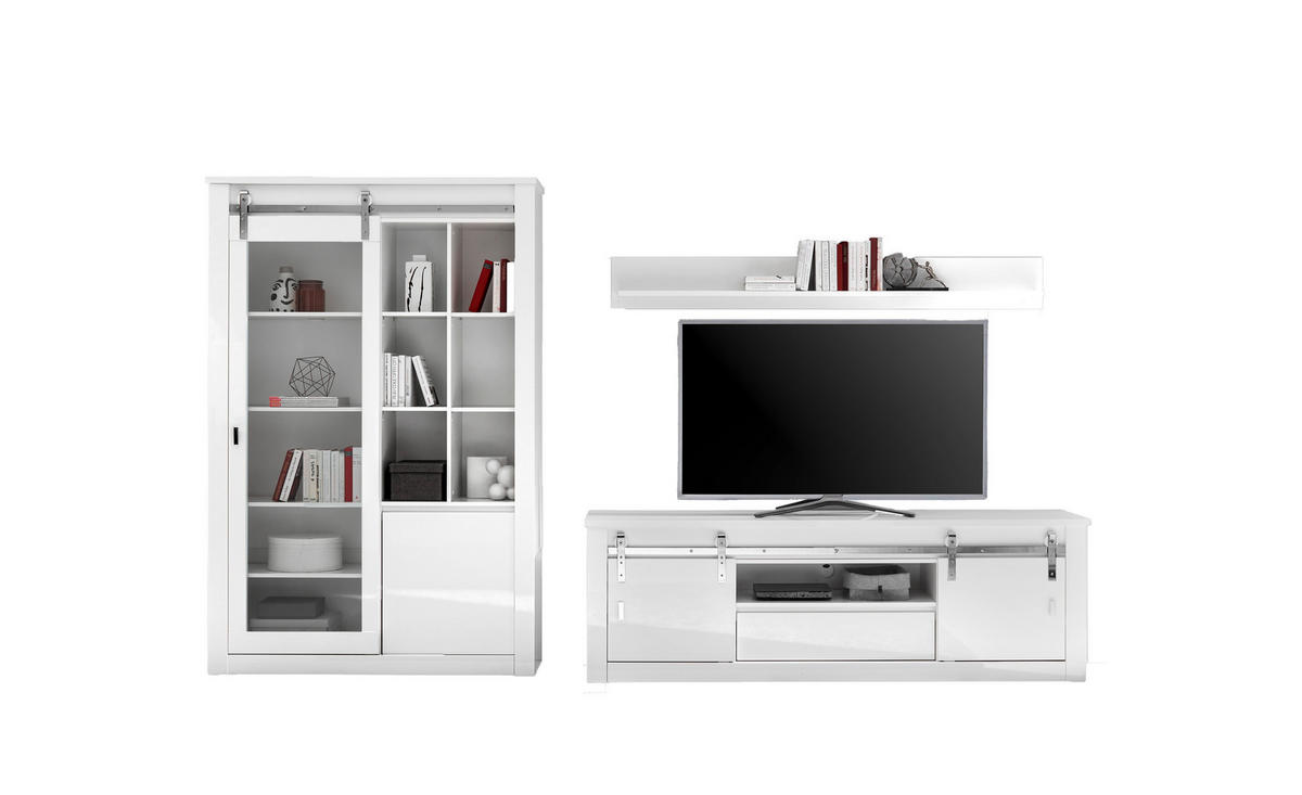 WOHNWAND 3-teilig  in Weiß, Weiß Hochglanz  349/200/43 cm  - Chromfarben/Weiß Hochglanz, Design, Holzwerkstoff/Metall (349/200/43cm) - Livetastic