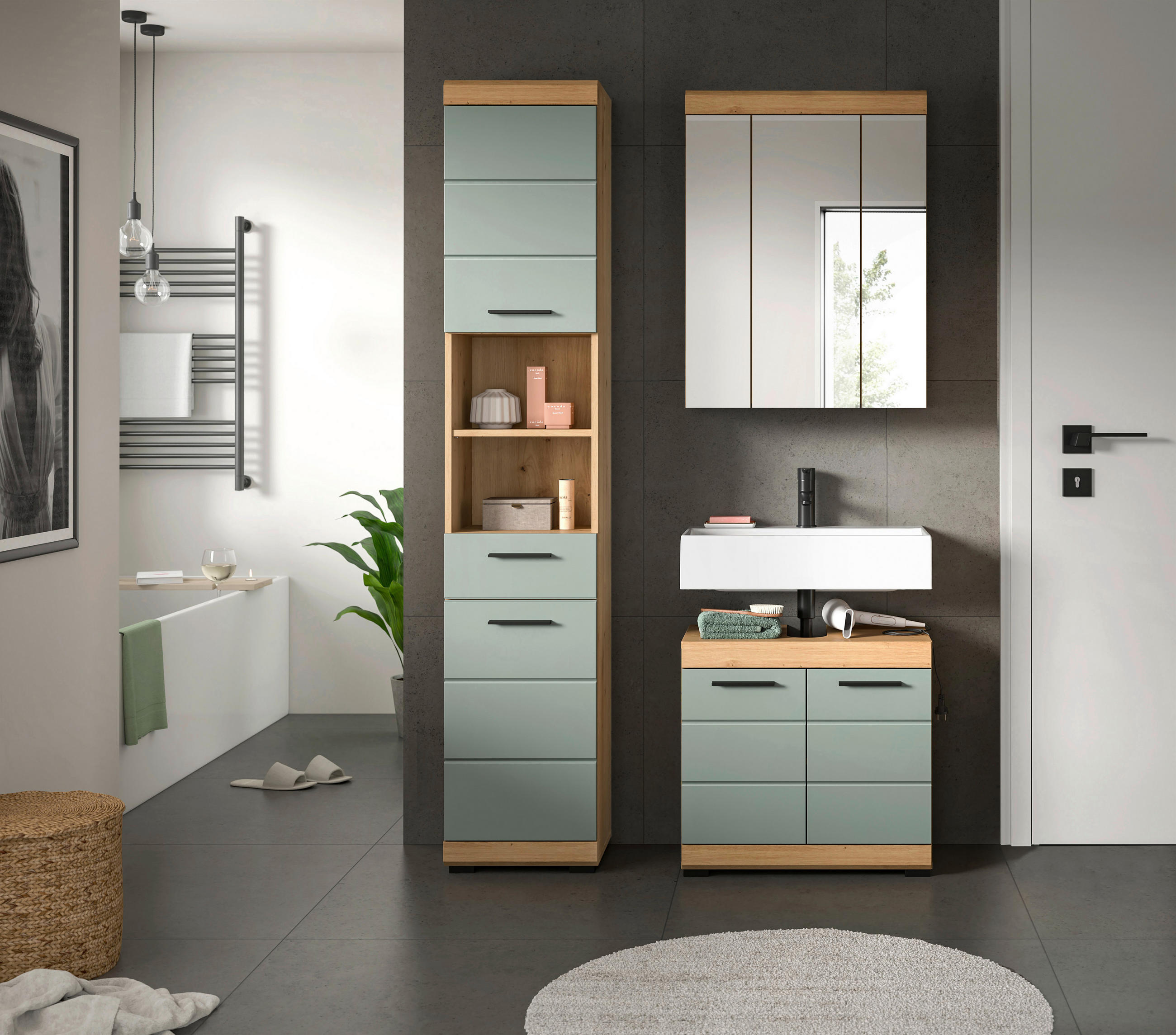BADEZIMMER 3-teilig  in 97 cm  - Salbeigrün/Eichefarben, MODERN, Glas/Holzwerkstoff (97cm) - MID.YOU