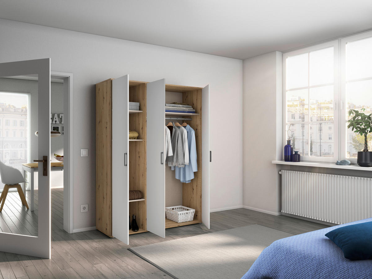DREHTÜRENSCHRANK 140/194/53 cm 3-türig Weiß, Eiche Artisan  - Weiß/Eiche Artisan, MODERN, Holzwerkstoff/Kunststoff (140/194/53cm) - Rauch Möbel