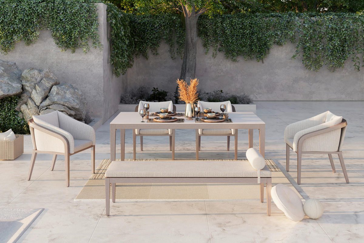 GARTENTISCHGRUPPE Webstoff Aluminium  - Beige/Teakfarben, MODERN, Textil/Stein - Ambia Garden