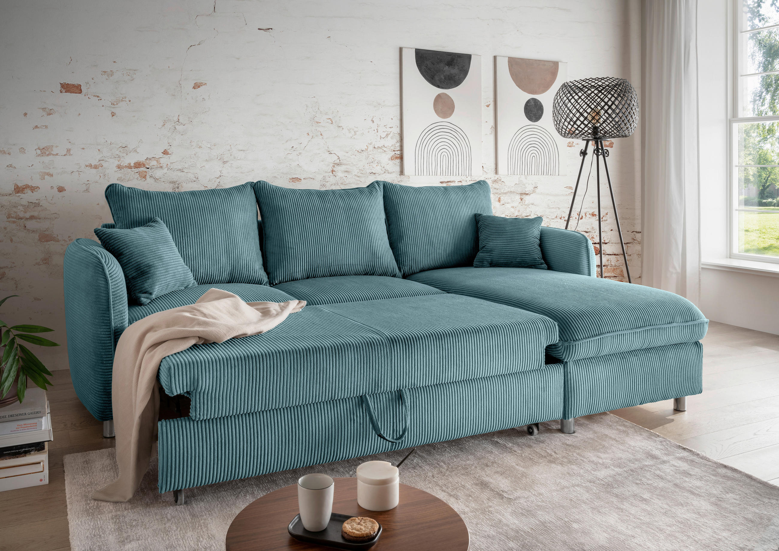ECKSCHLAFSOFA Cord Petrol  - Chromfarben/Petrol, MODERN, Textil/Metall (254/160cm) - Livetastic