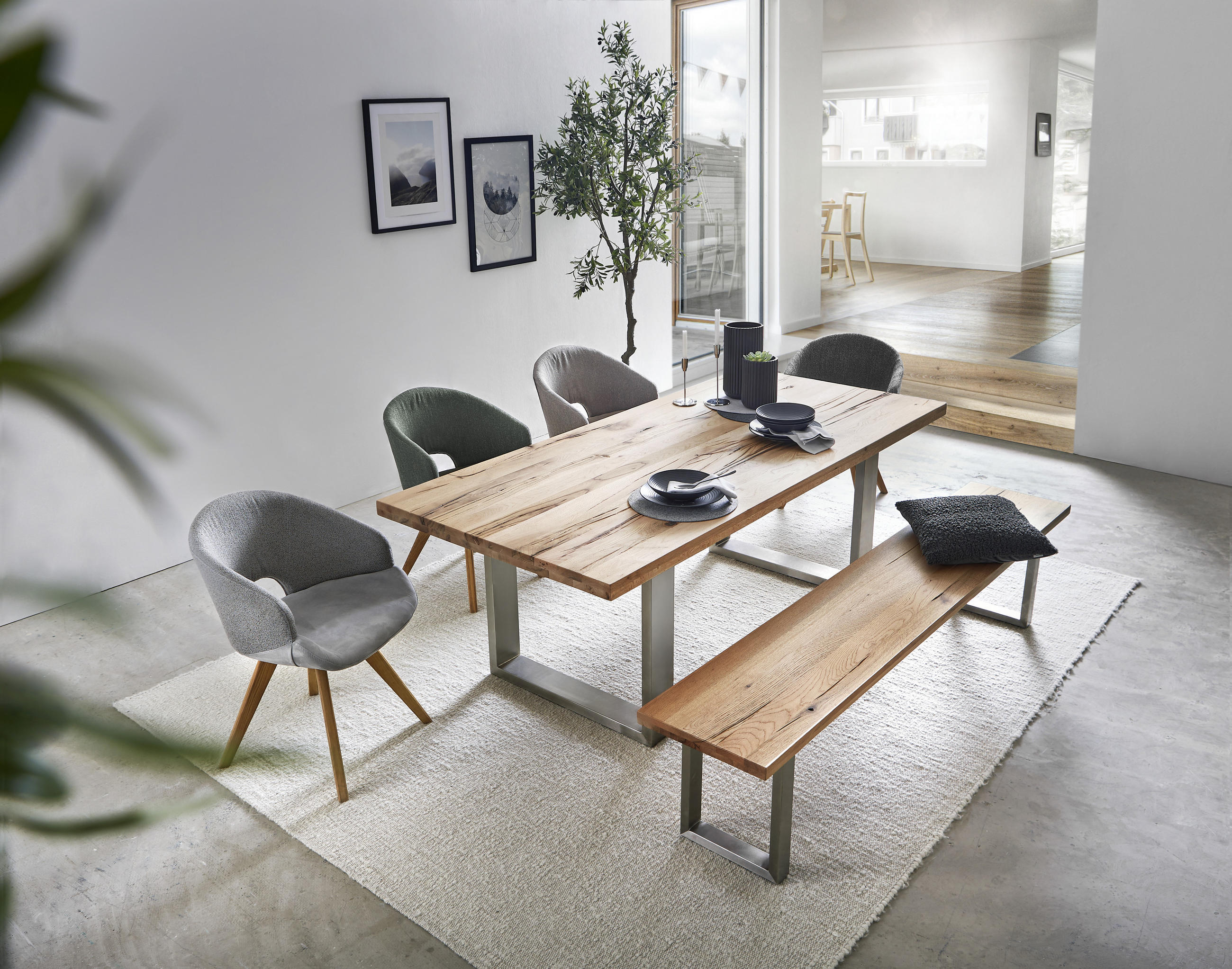 ESSTISCH 220/100/77 cm Wildeiche massiv Holz, Metall Eichefarben, Edelstahlfarben rechteckig - Edelstahlfarben/Eichefarben, Design, Holz/Metall (220/100/77cm) - Novel