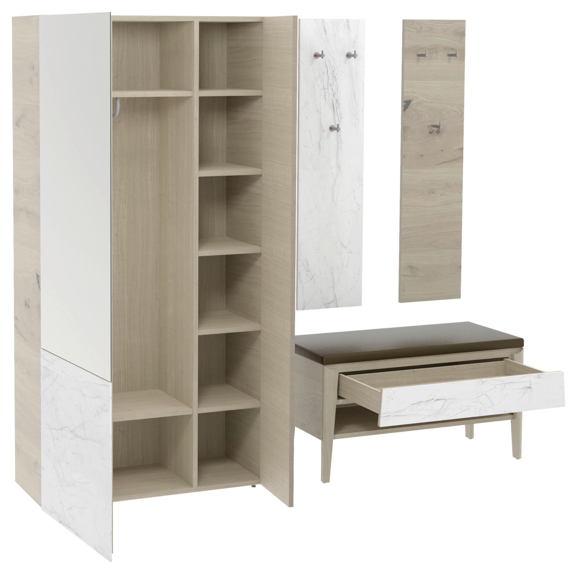 GARDEROBE 4-teilig  in 220/194/42,6 cm  - Eichefarben/Weiß, Natur, Glas/Leder (220/194/42,6cm) - Voglauer