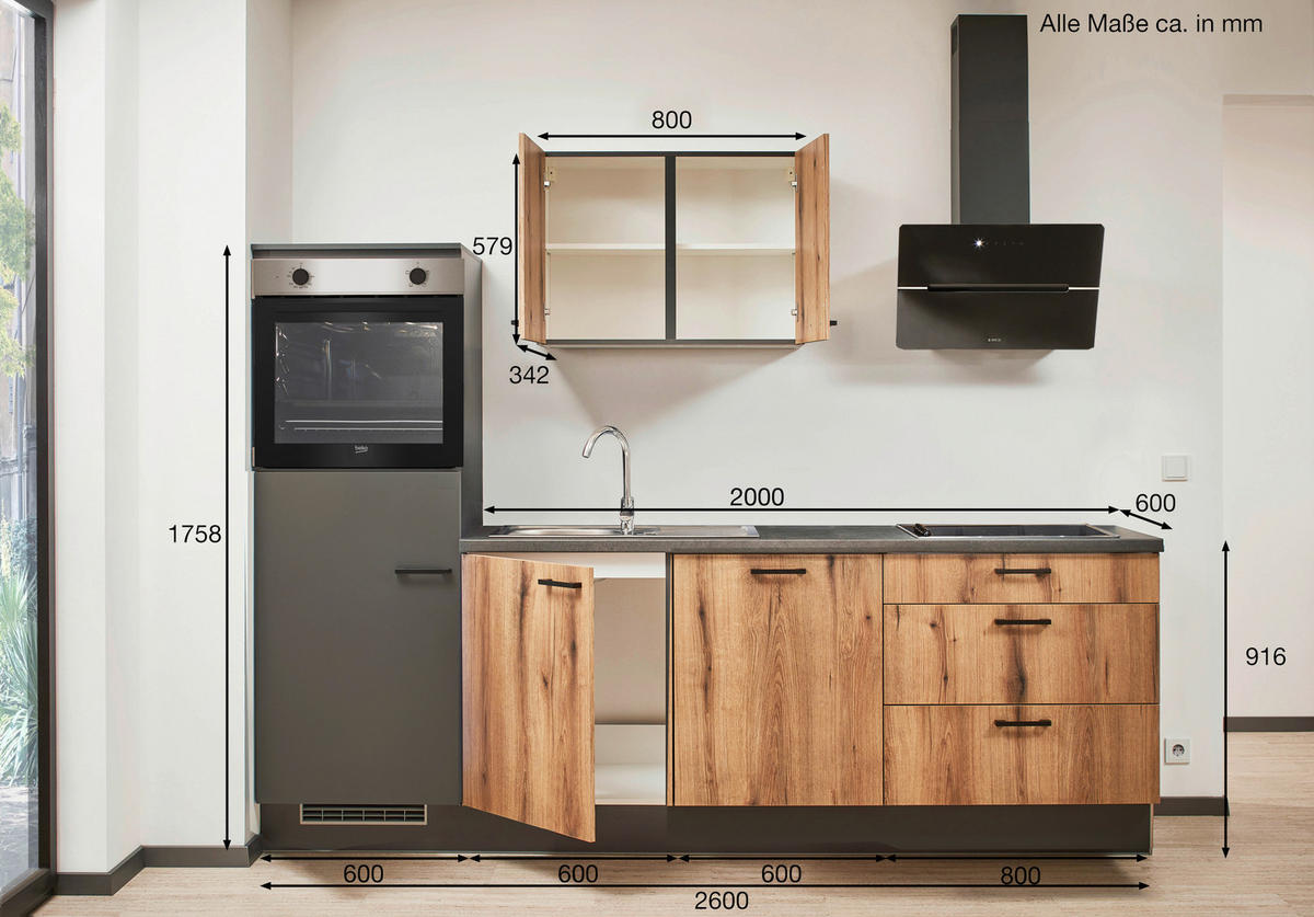 KÜCHENBLOCK 260 cm   in Graphitfarben, Eichefarben  - Eichefarben/Lavagrau, Design, Holzwerkstoff/Metall (260cm) - Pino