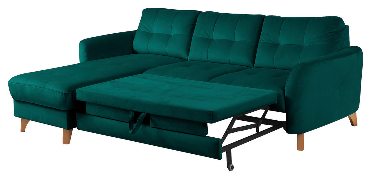 ECKSOFA Petrol Samt Bettkasten, Schlaffunktion, Liegefläche im Originalstoff  - Buchefarben/Petrol, Design, Holz/Textil (168/238cm) - Livetastic