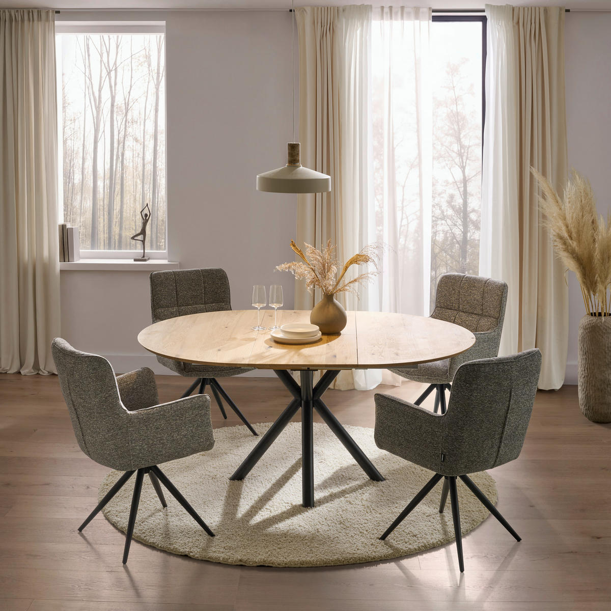 ESSTISCH 120-170/120/75 cm Echtholz  Holz rund Eichefarben  - Eichefarben/Schwarz, MODERN, Holz/Metall (120-170/120/75cm) - Carryhome