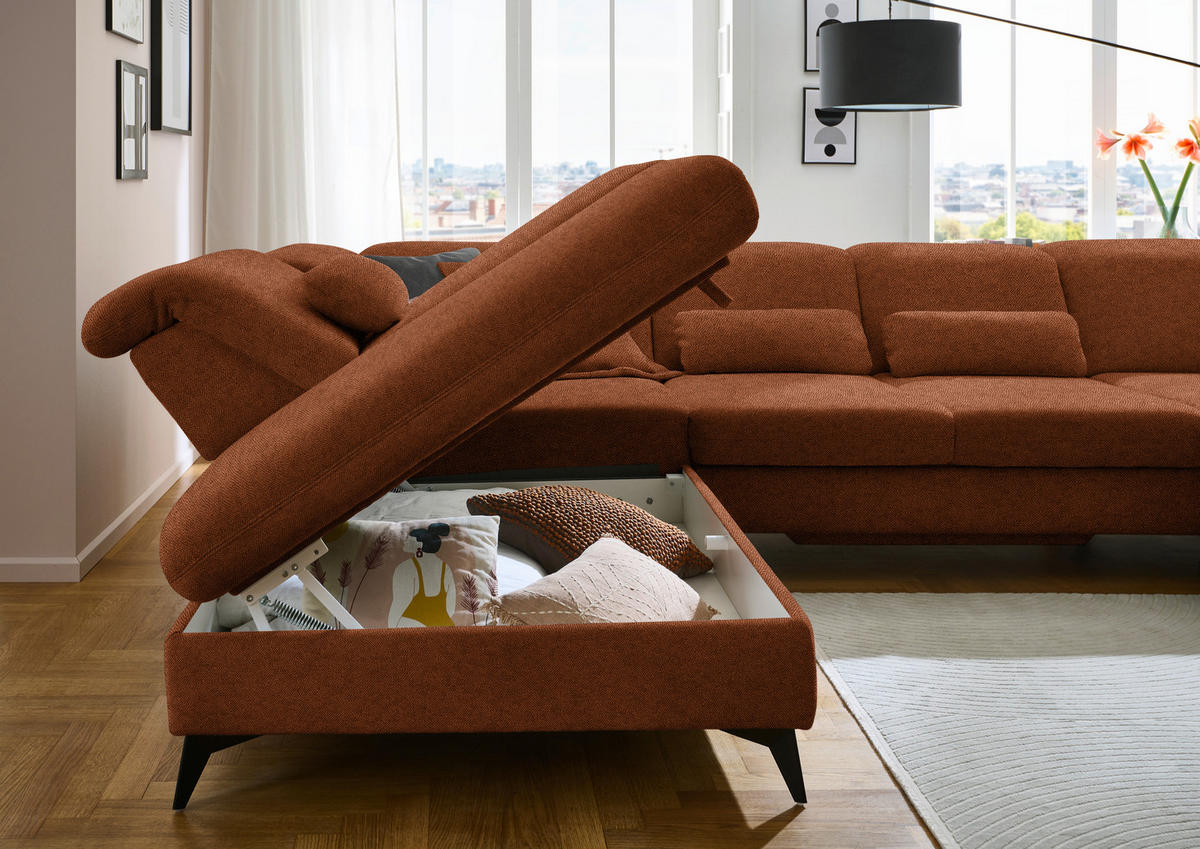 WOHNLANDSCHAFT Chenille Rostfarben  - Rostfarben/Schwarz, Design, Textil/Metall (255/369/198cm) - Beldomo Style