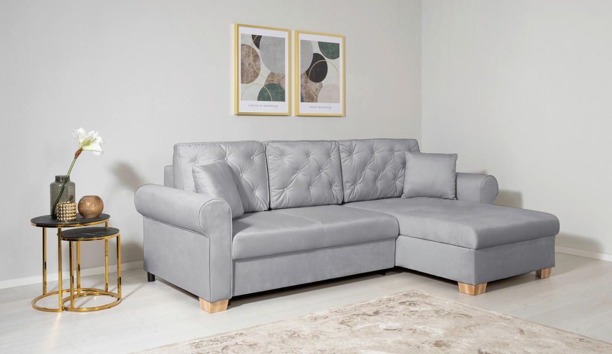 ECKSOFA in Hellgrau  - Buchefarben/Hellgrau, Design, Holz/Textil (266/161cm) - MID.YOU