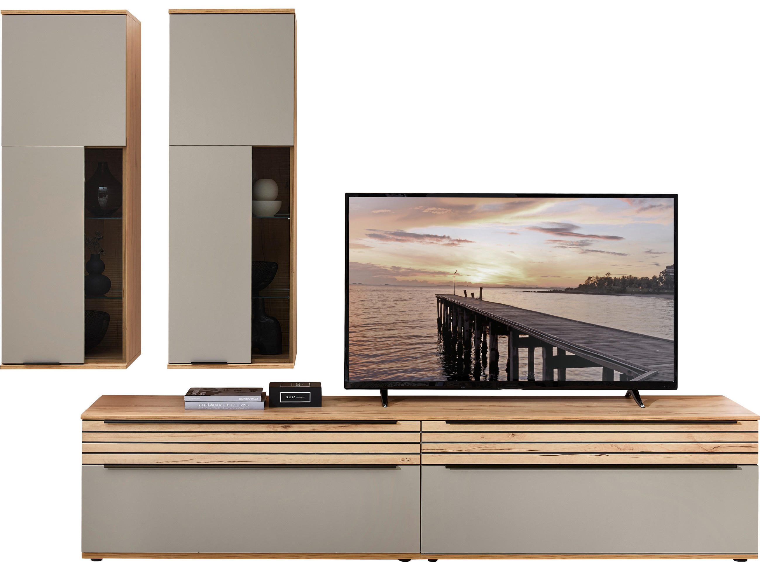 WOHNWAND  in Grau, Buchefarben  270/215/45 cm  - Buchefarben/Schwarz, KONVENTIONELL, Glas/Holzwerkstoff (270/215/45cm) - Venda