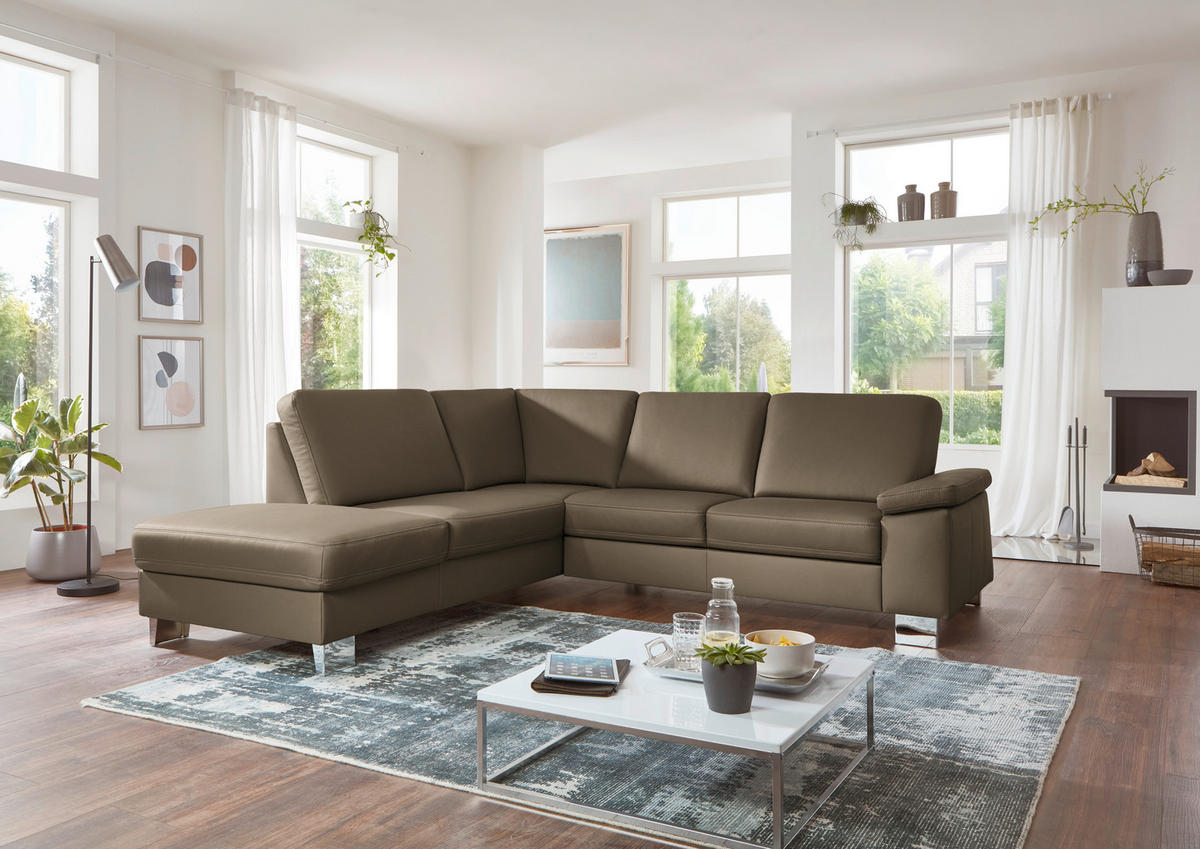 ECKSOFA  in Echtleder Graubraun  235/248 cm  - Graubraun/Alufarben, Design, Leder/Metall (235/248cm) - Beldomo Premium