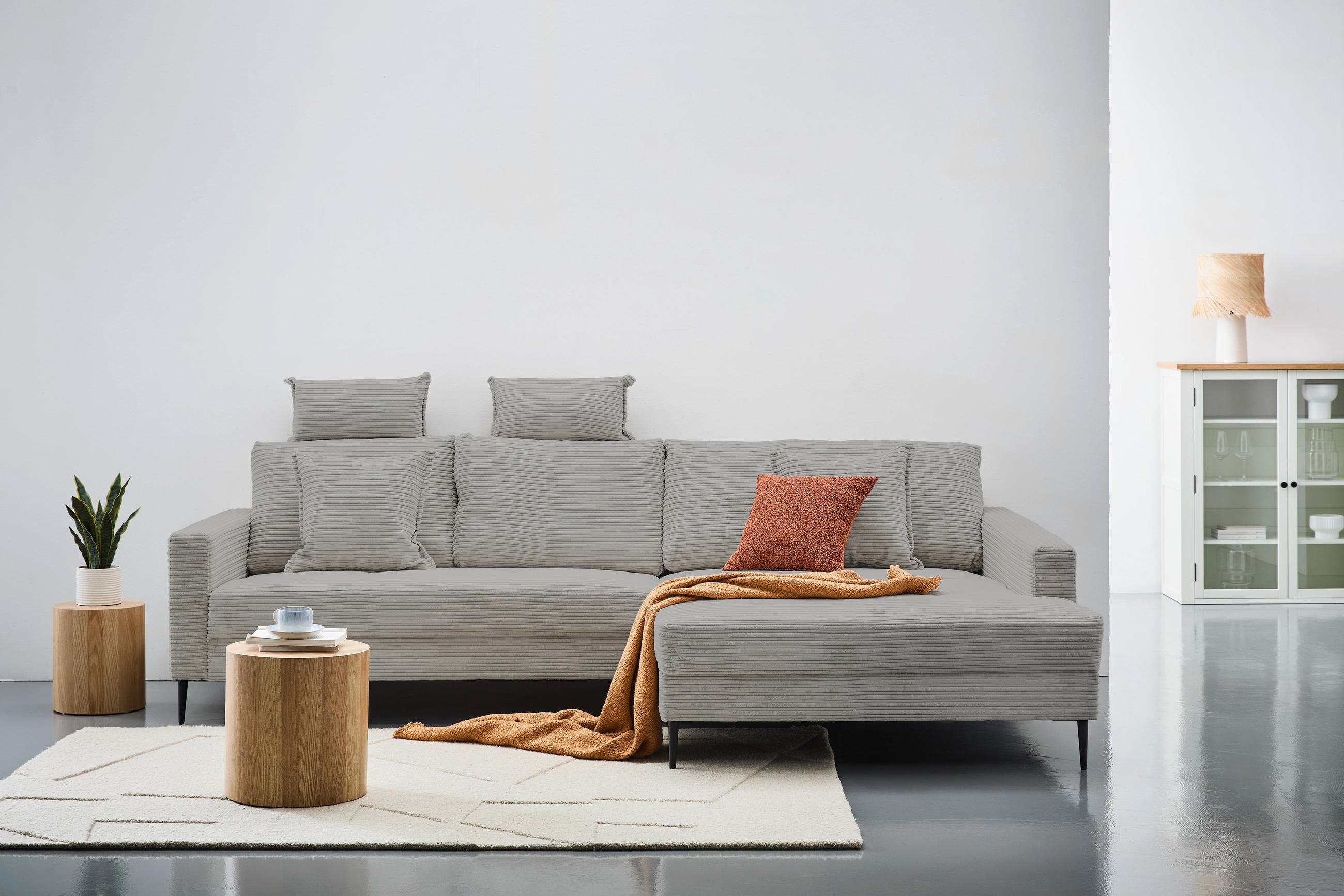 ECKSOFA Hellgrau Cord  - Hellgrau/Schwarz, KONVENTIONELL, Textil/Metall (276/173cm) - Carryhome