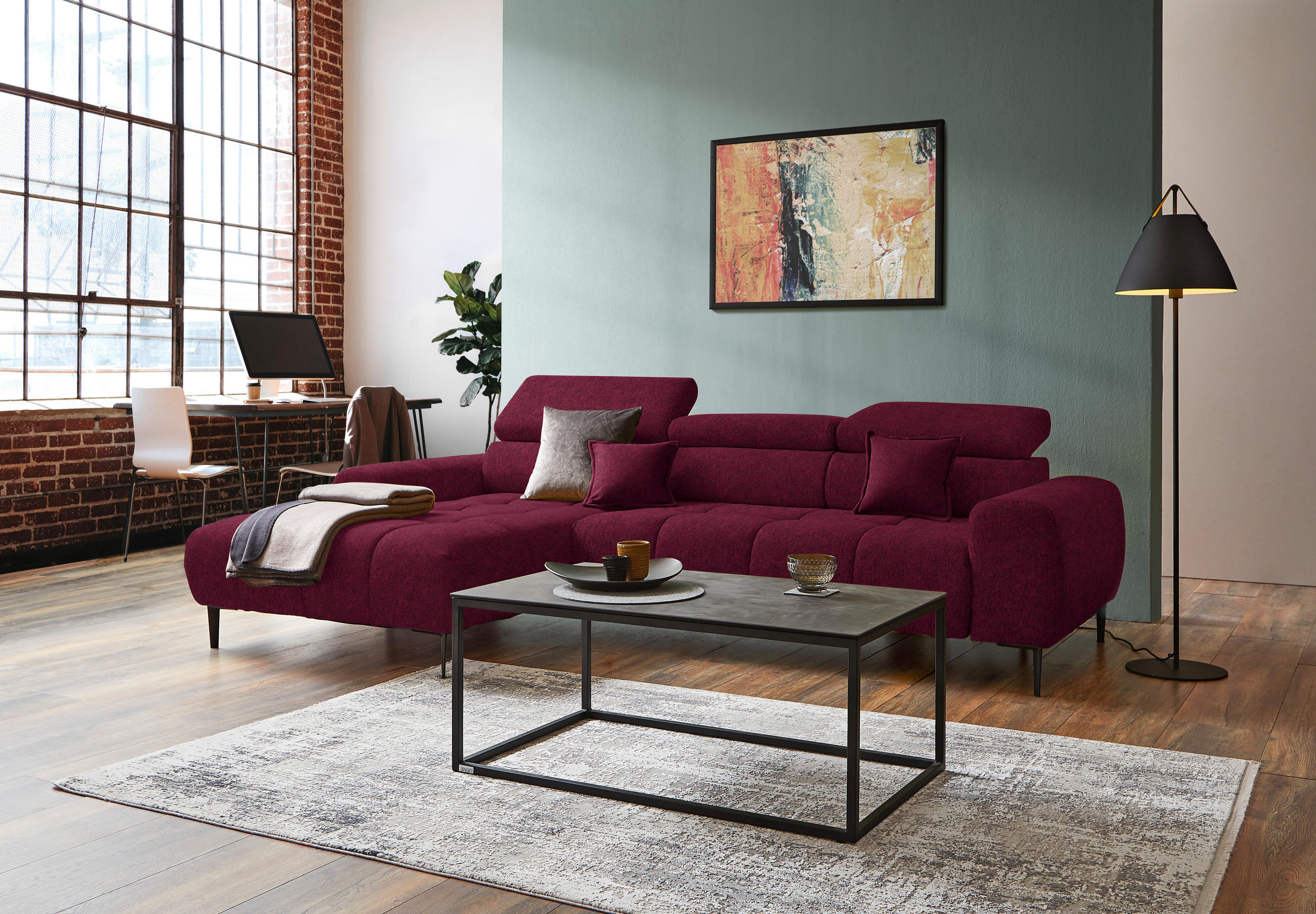 ECKSOFA Bordeaux Samt, Webstoff  - Bordeaux/Schwarz, Design, Textil/Metall (177/270cm) - Welnova