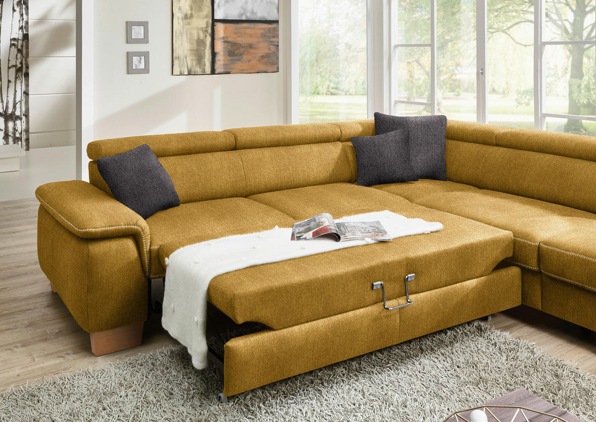 ECKSOFA in Mikrofaser Currygelb  - Currygelb/Eichefarben, Natur, Holz/Textil (226/273cm) - Beldomo System