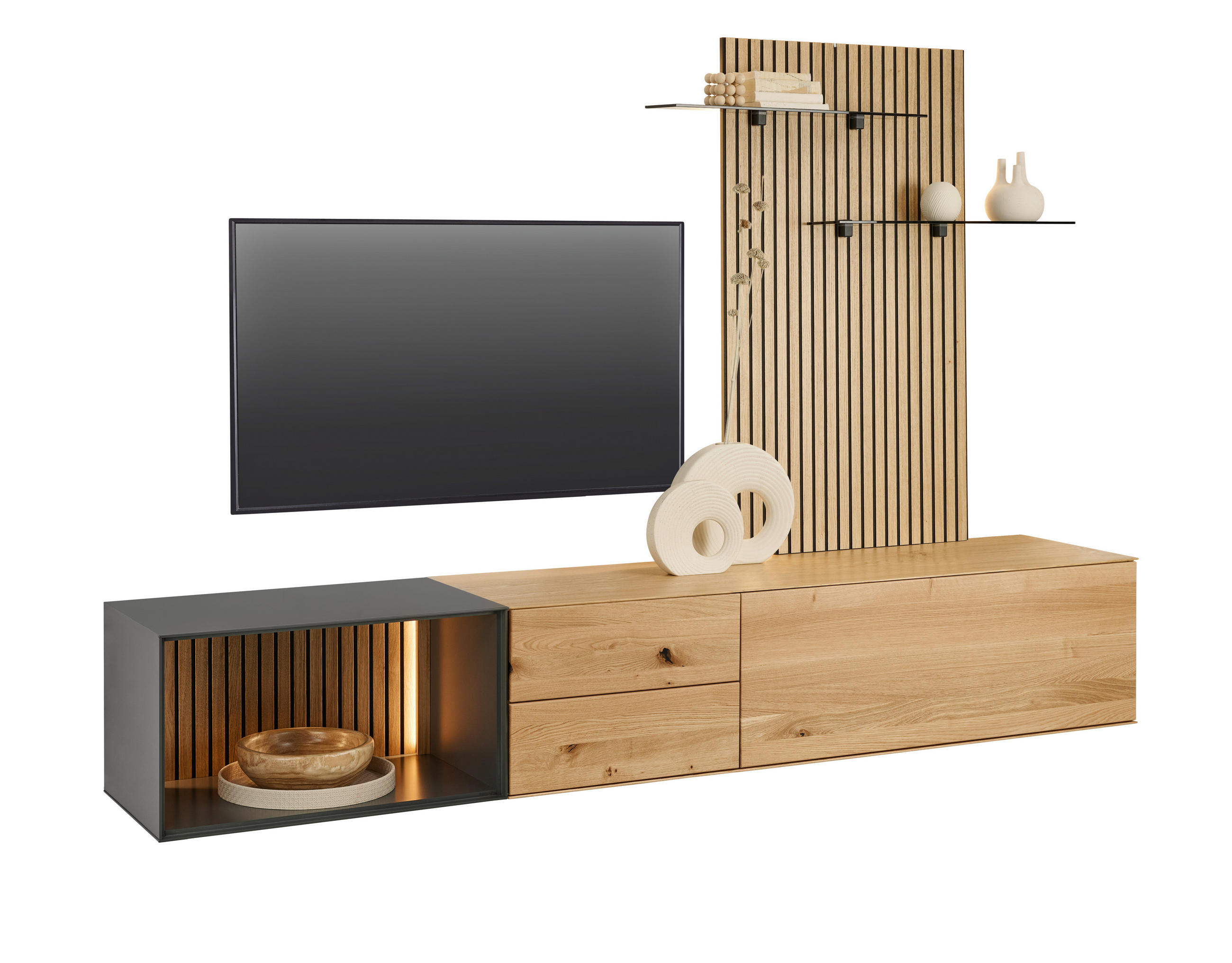 WOHNWAND 3-teilig  in Anthrazit, Eichefarben  261/204/50 cm LED-Leuchtmittel   - Eichefarben/Anthrazit, Design, Glas/Holz (261/204/50cm) - Dieter Knoll