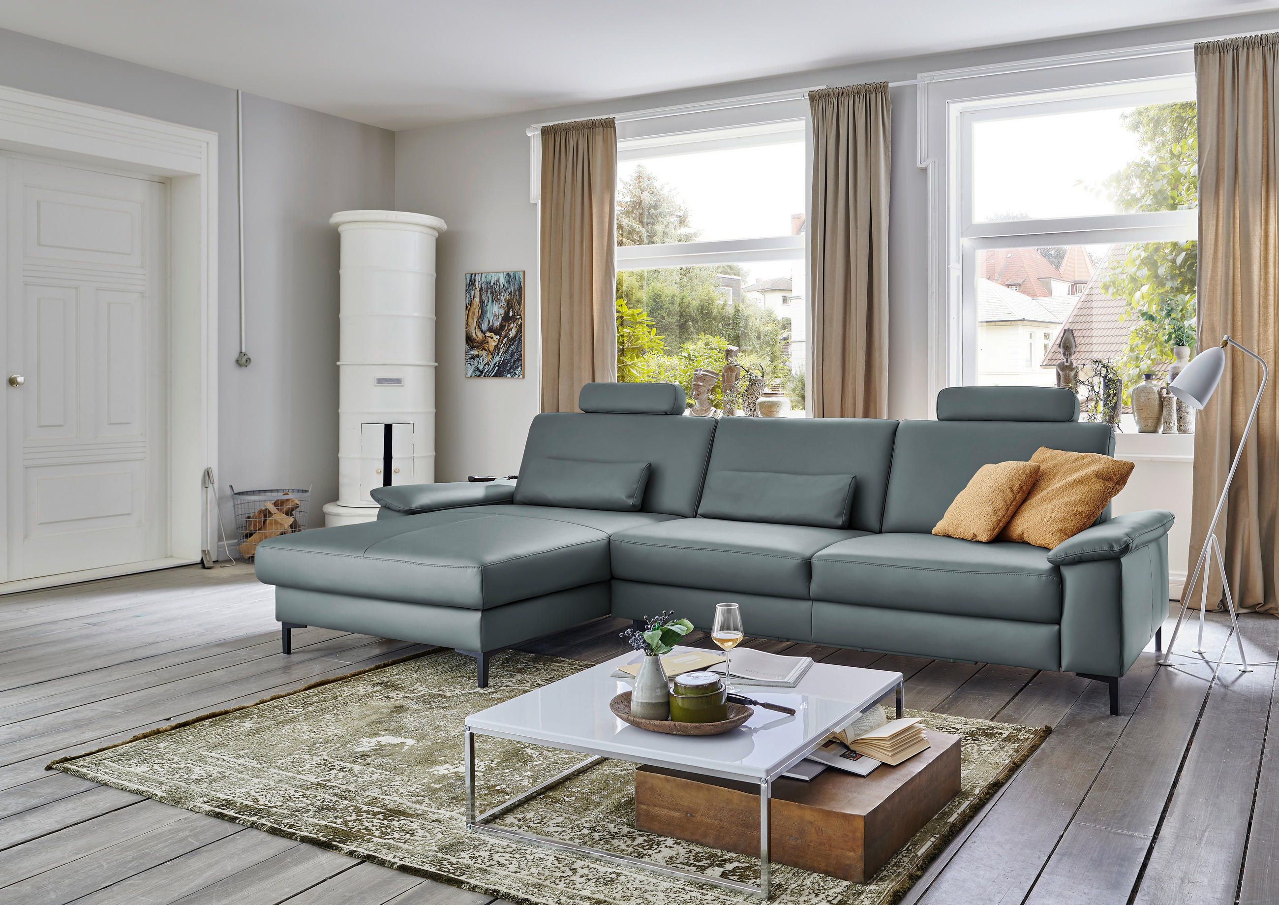 ECKSOFA in Echtleder Blaugrau  - Blaugrau/Schwarz, Design, Leder/Metall (176/334cm) - Dieter Knoll