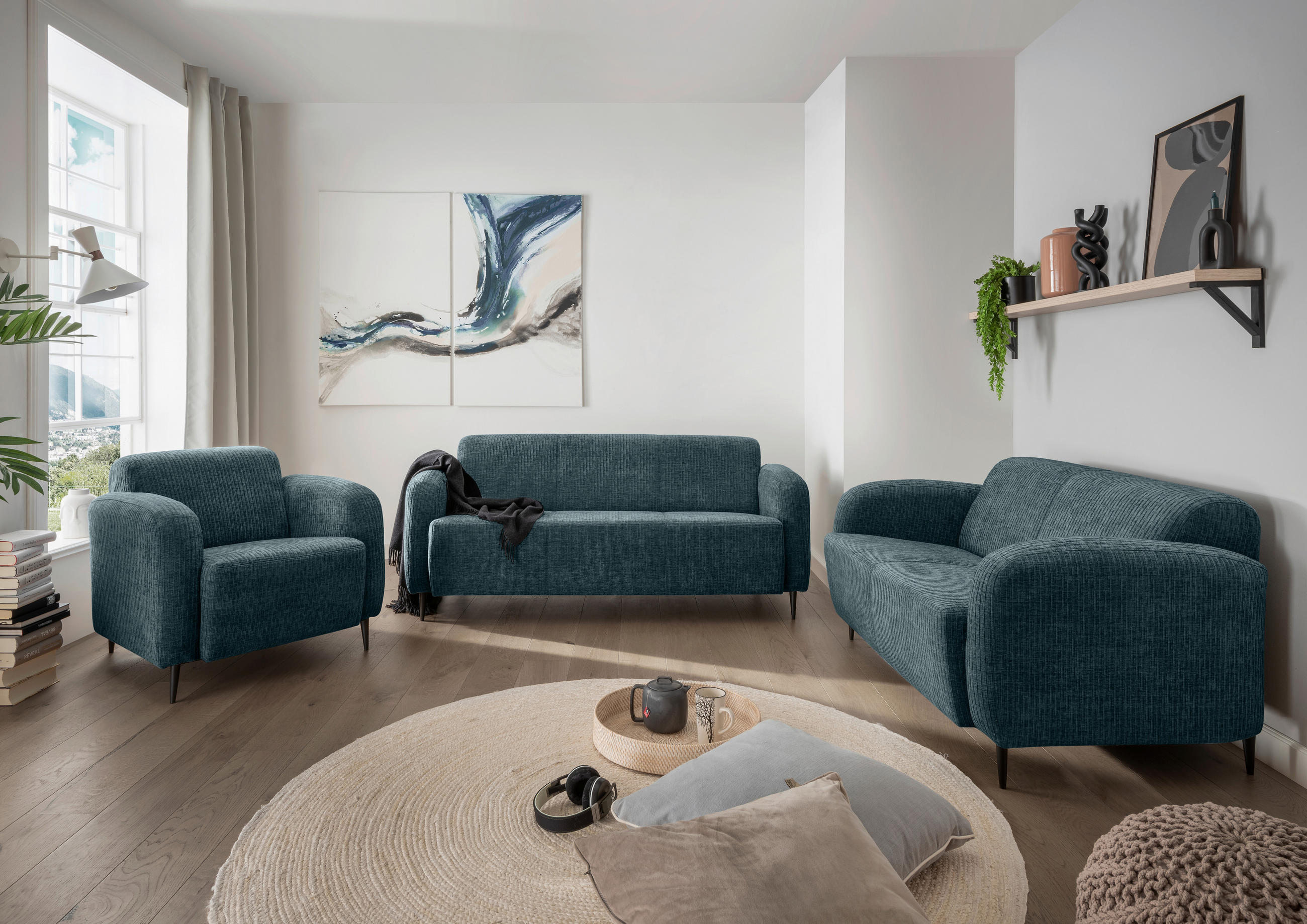 3-SITZER-SOFA in Mikrofaser Blau - Blau/Schwarz, Modern, Textil/Metall (180/76/90cm) - Livetastic