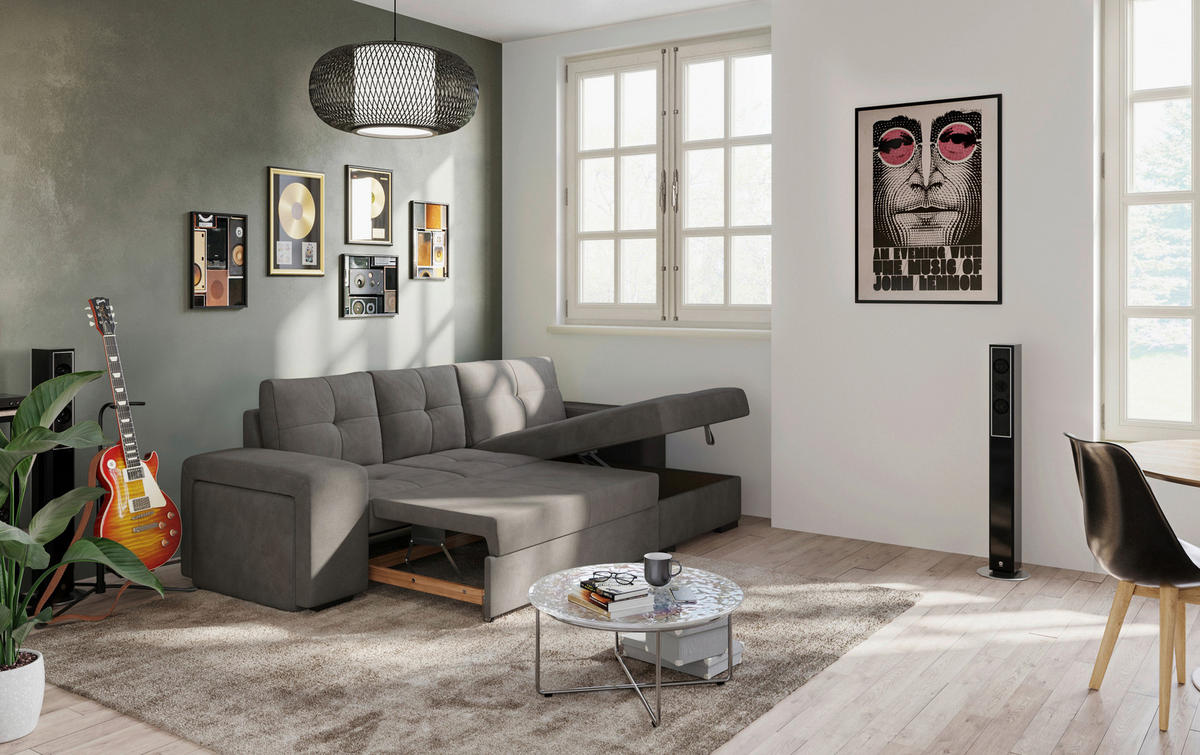 ECKSCHLAFSOFA in Mikrofaser Dunkelgrau  - Dunkelgrau/Schwarz, Modern, Kunststoff/Textil (268/156cm) - MID.YOU