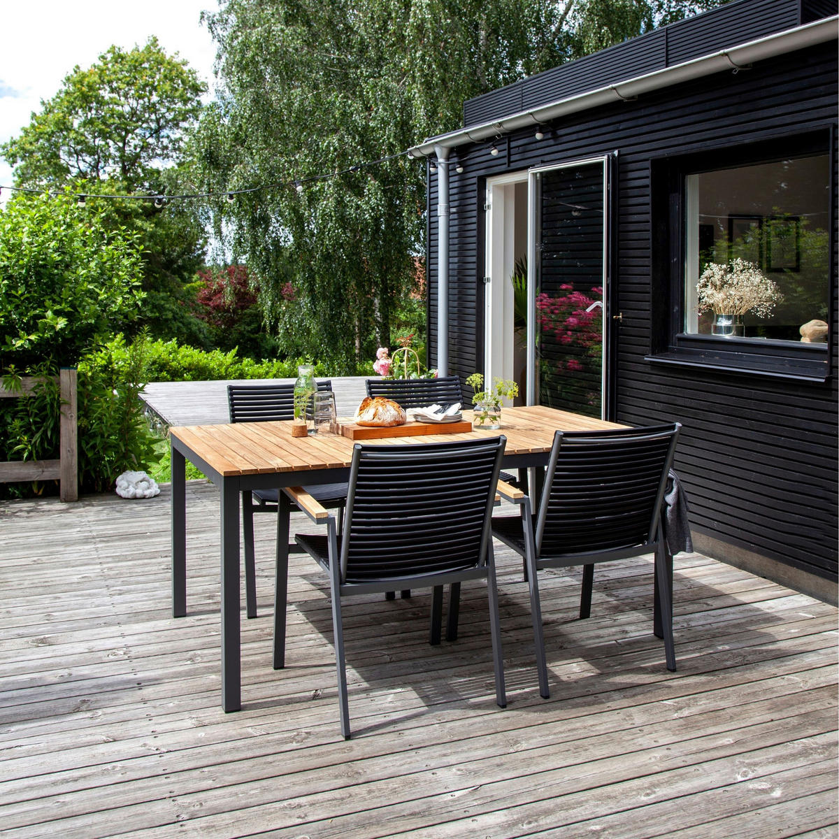 GARTENTISCHGRUPPE Teakholzvollmassiv  - Anthrazit/Schwarz, Natur, Holz/Kunststoff (56,5/84/62cm) - Gardenson