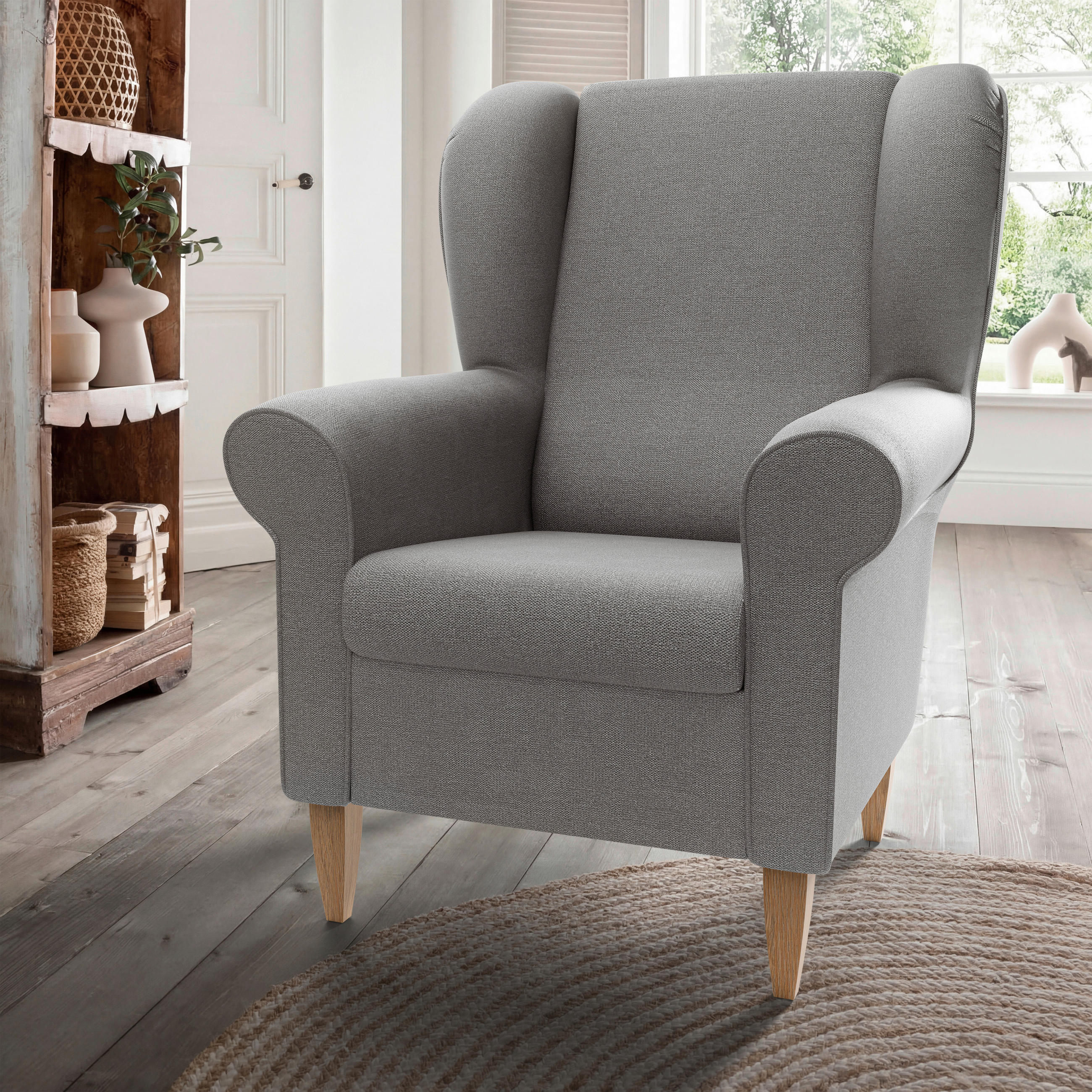 OHRENSESSEL ASINO Struktur Grau  - Naturfarben/Grau, KONVENTIONELL, Holz/Textil (80/102/86cm) - Livetastic