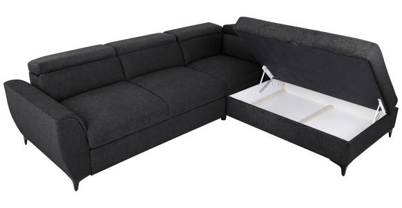 ECKSOFA Schwarz Velours Bettkasten, Schlaffunktion, Rücken echt, Kopfteilverstellung, Liegefläche im Originalstoff  - Schwarz, KONVENTIONELL, Textil/Metall (255/217cm) - Carryhome