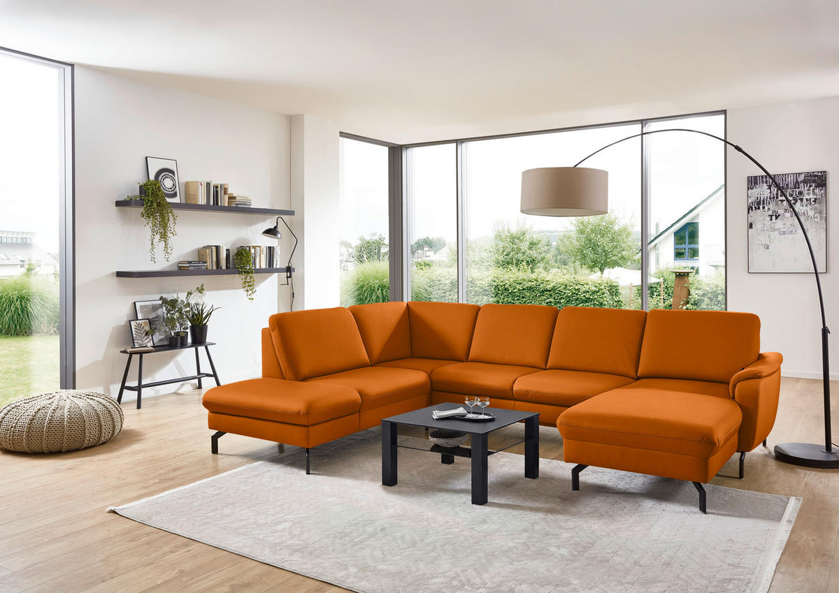 WOHNLANDSCHAFT Beldomo premium in Echtleder Orange  - Schwarz/Orange, KONVENTIONELL, Leder/Metall (224/306/168cm) - Beldomo Premium