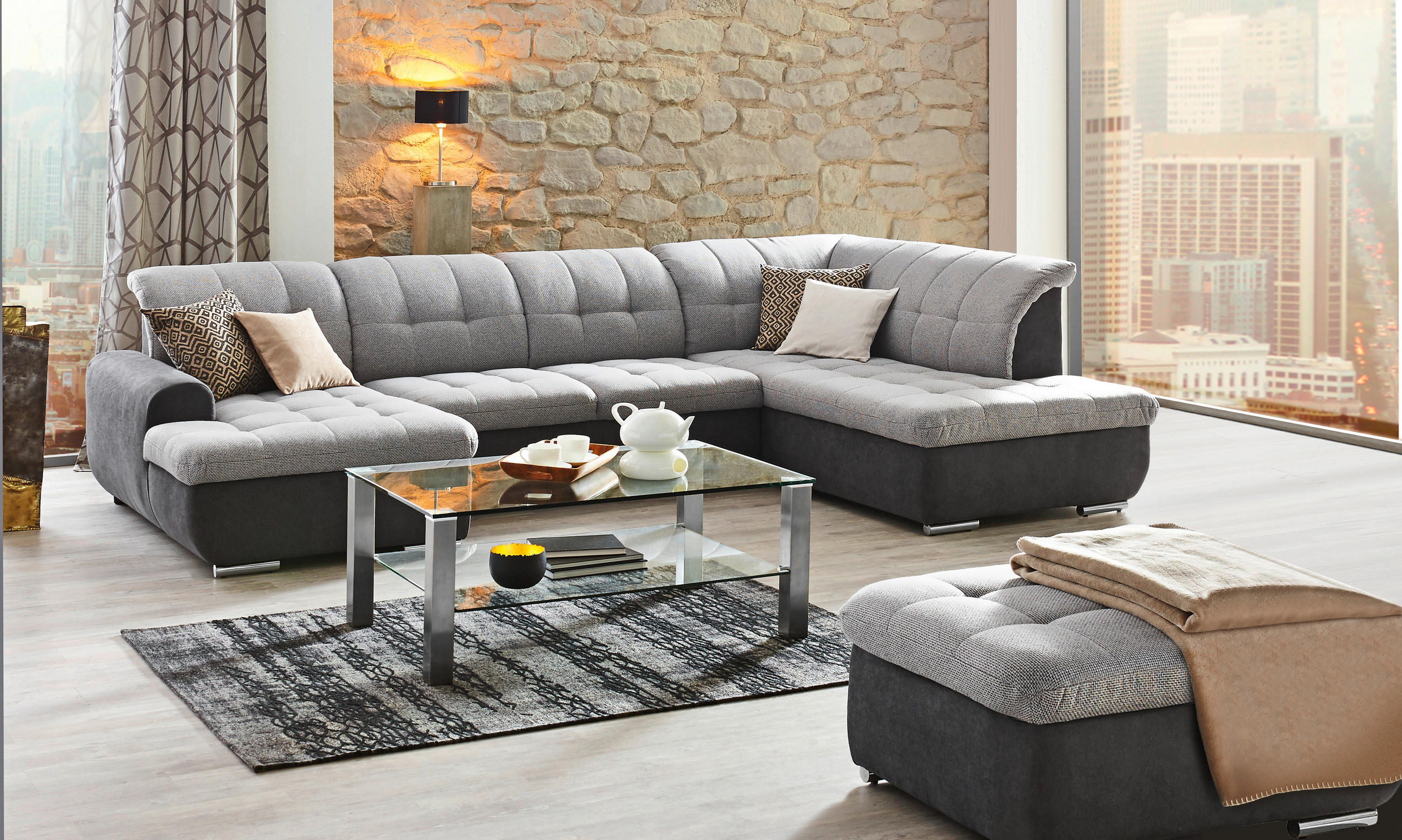 Wohnlandschaft inkl. Funktion Grau Flachgewebe  - Silberfarben/Grau, Design, Textil/Metall (145/342/208cm) - Cantus