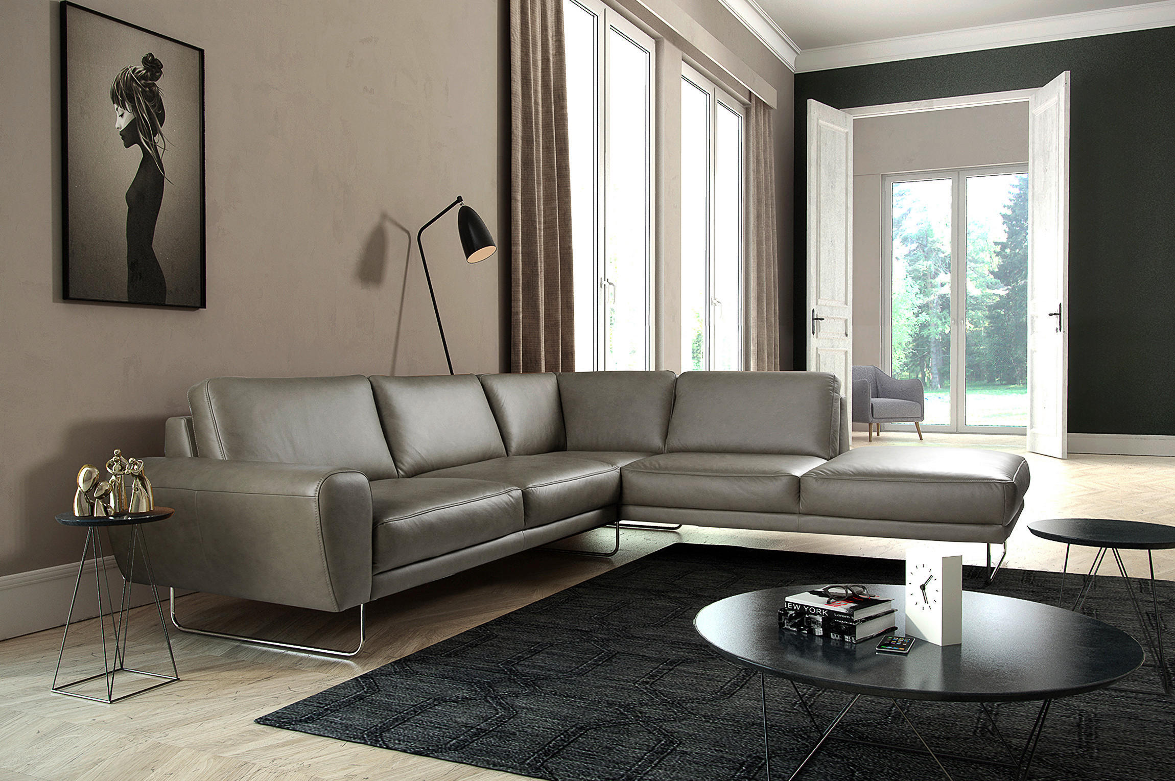 ECKSOFA in Echtleder Grau  273/250 cm  - Chromfarben/Grau, Design, Leder/Metall (273/250cm) - Livetastic