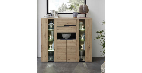 HIGHBOARD  145/127/38 cm 2 Schublade(n)  - Graphitfarben/Schwarz, Trend, Glas/Holzwerkstoff (145/127/38cm) - Carryhome