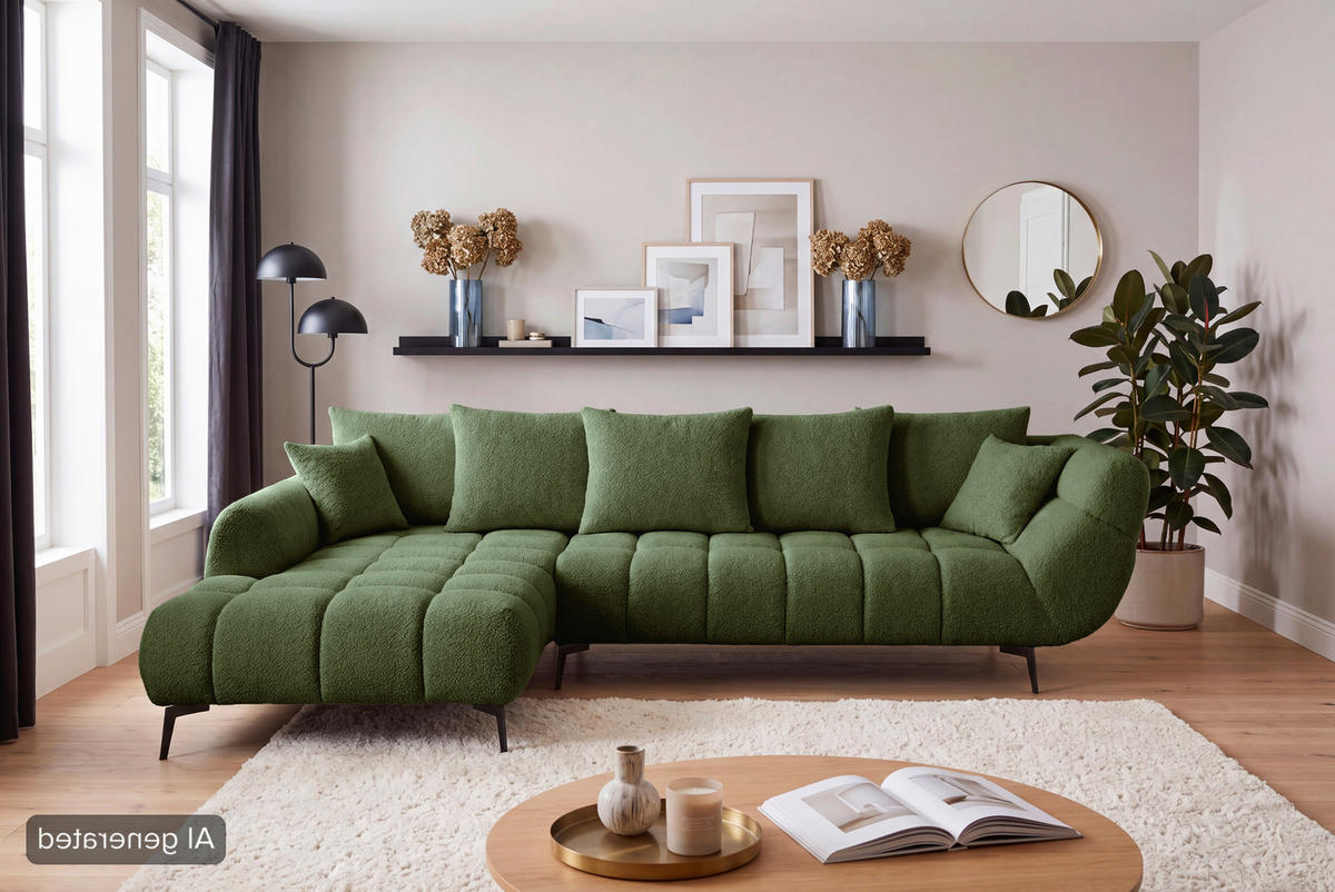 ECKSOFA Grün Bouclé Zierkissen, Rückenkissen, Rücken echt  - Schwarz/Grün, MODERN, Textil/Metall (217/318cm) - Carryhome