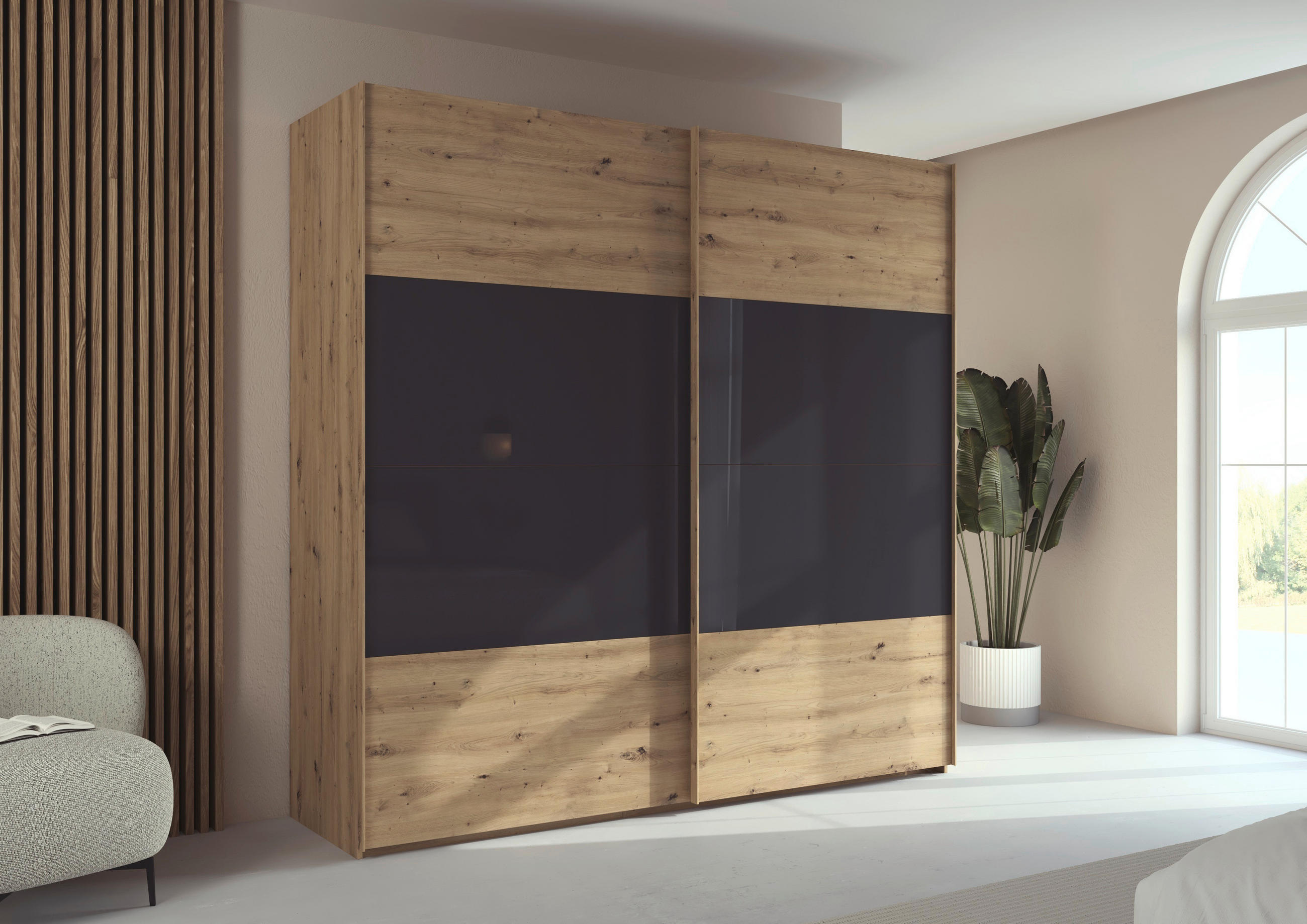 SCHWEBETÜRENSCHRANK 226/223/68 cm 2-türig Schwarz, Eiche Artisan  - Eichefarben/Schwarz, Design, Glas/Holzwerkstoff (226/223/68cm) - Xora