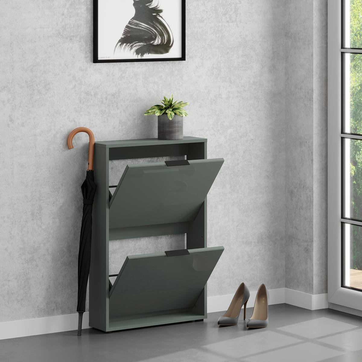 SCHUHKIPPER - Salbeigrün/Schwarz, MODERN, Glas/Holzwerkstoff (60/93/17cm) - Boxxx