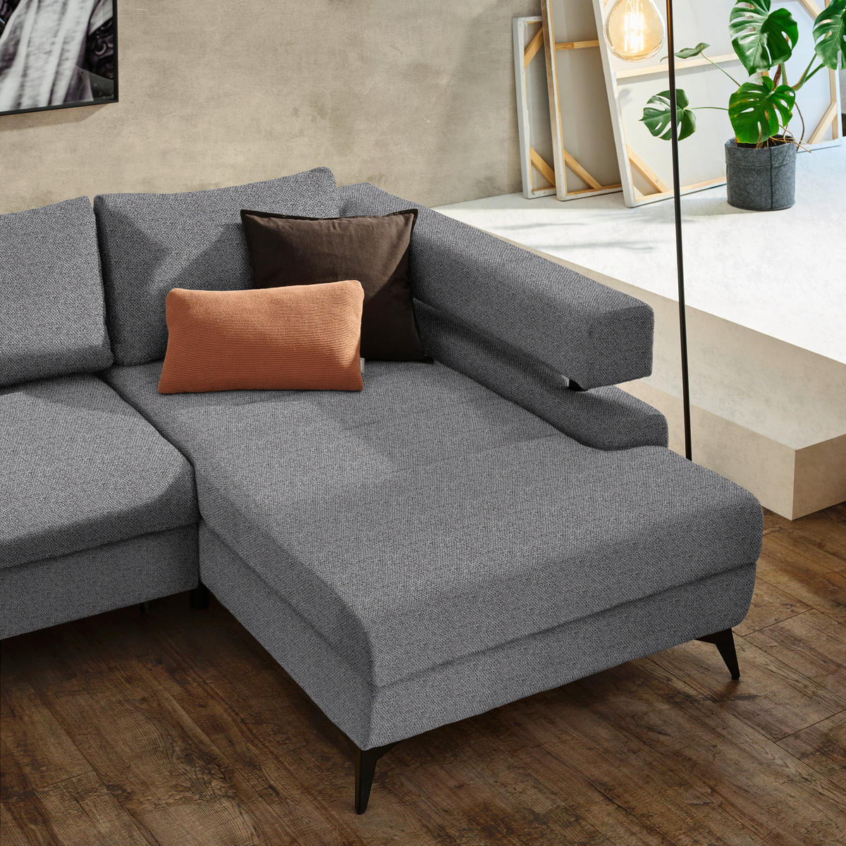 ECKSOFA in Chenille Dunkelgrau  - Dunkelgrau/Schwarz, Konventionell, Textil/Metall (265/184cm) - Hom`in