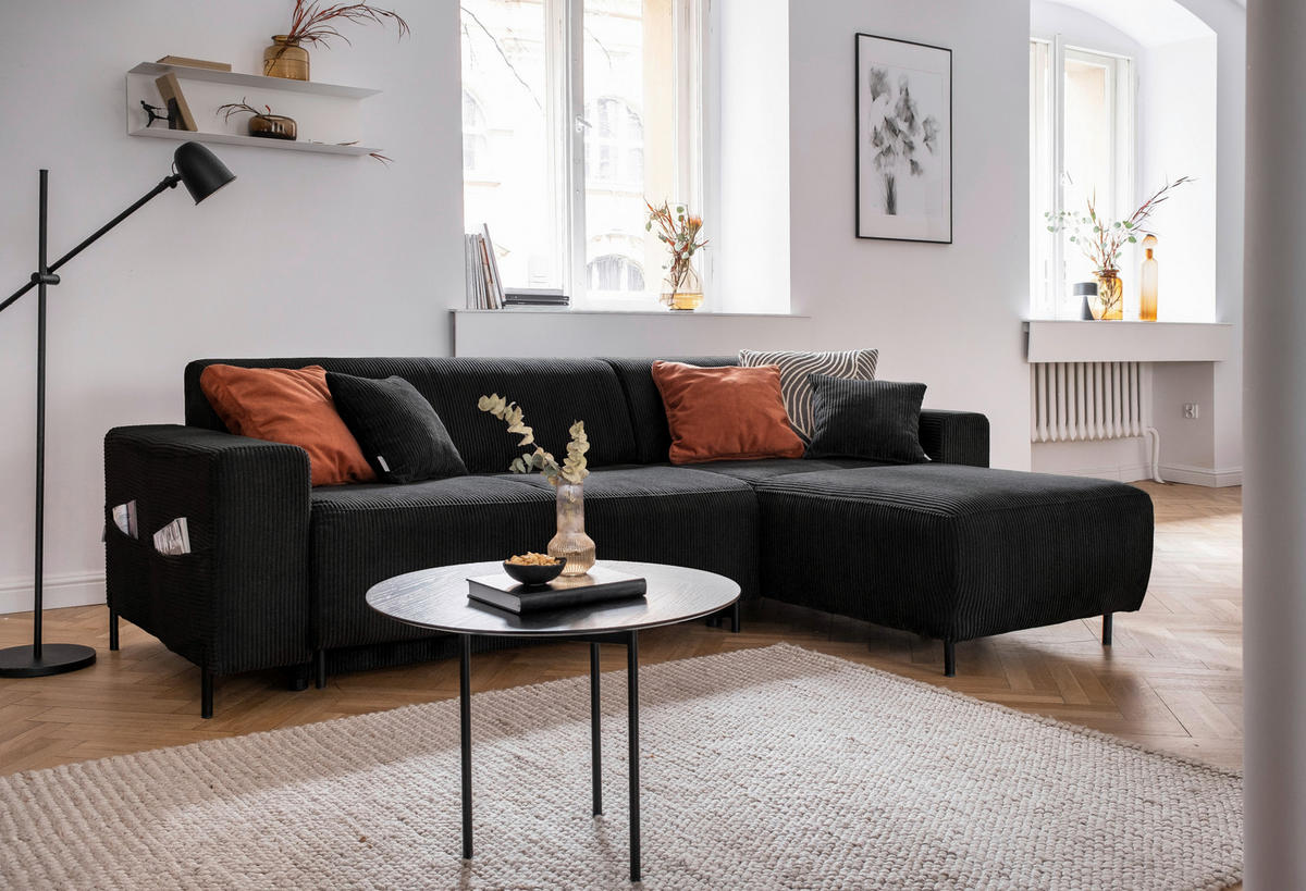 ECKSOFA Dunkelgrau Cord  - Dunkelgrau/Schwarz, Textil/Metall (260/165cm) - MID.YOU