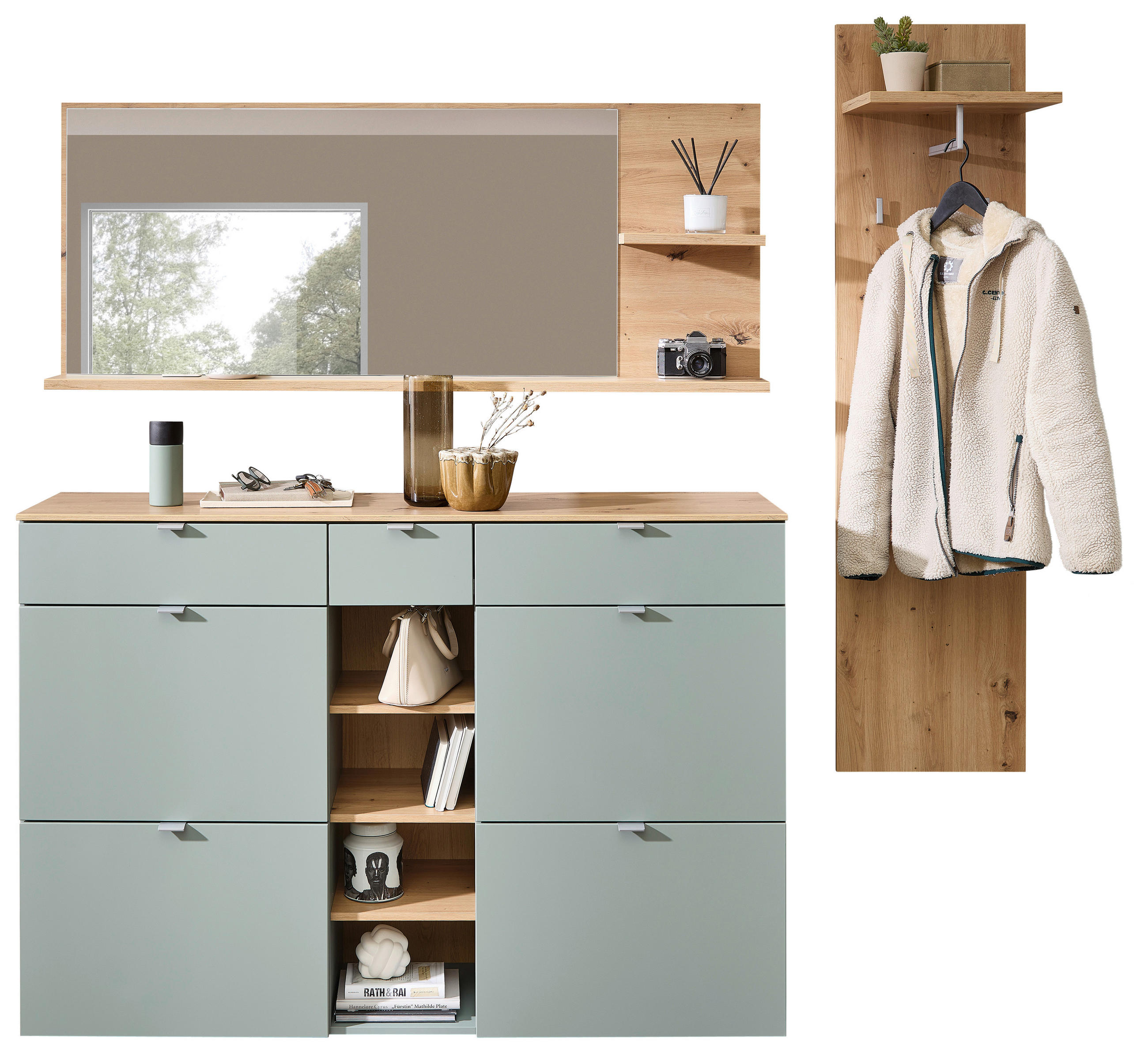 GARDEROBE 3-teilig  in 208/202/38 cm  - Salbeigrün/Eiche Artisan, Design, Glas/Holzwerkstoff (208/202/38cm) - Xora