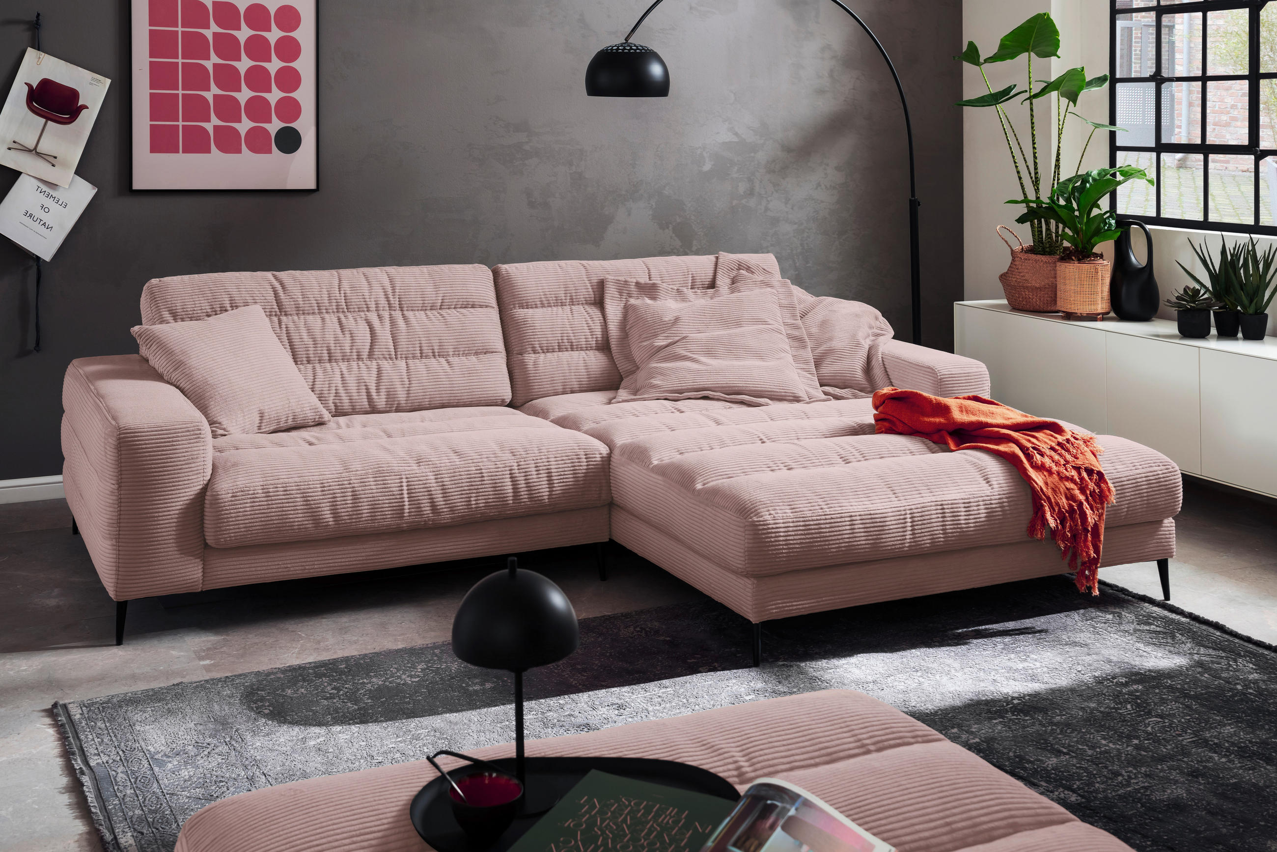 ECKSOFA Badia Rosa Cord  - Schwarz/Rosa, Design, Textil/Metall (296/207cm) - Dieter Knoll