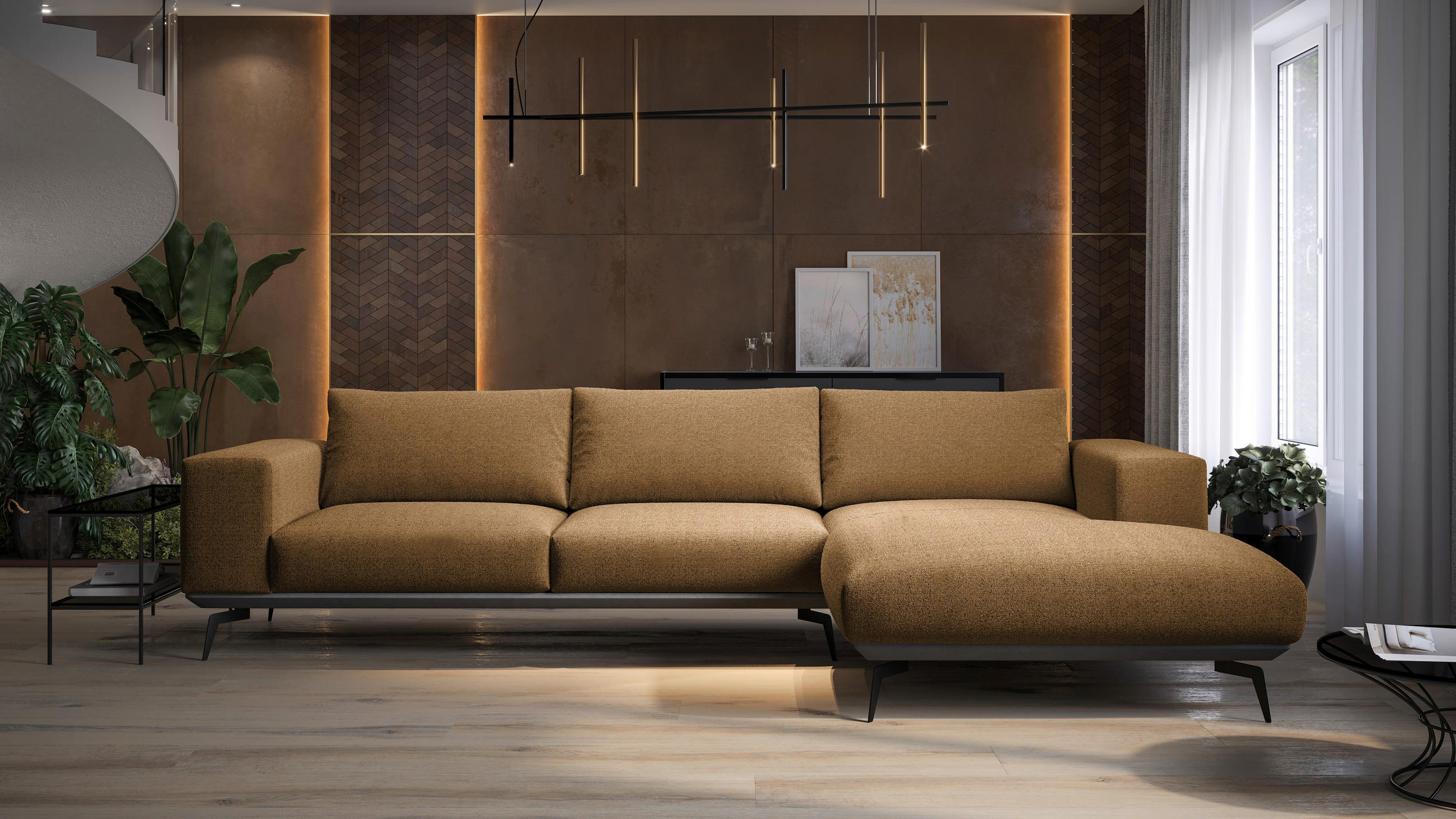 ECKSOFA in Chenille Rostfarben  - Rostfarben/Schwarz, Design, Holz/Textil (330/180cm) - MID.YOU