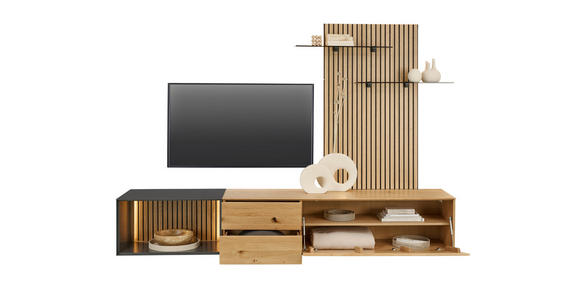 WOHNWAND 3-teilig  in Anthrazit, Eichefarben  261/160/50 cm  - Eichefarben/Anthrazit, Design, Glas/Holz (261/160/50cm) - Dieter Knoll