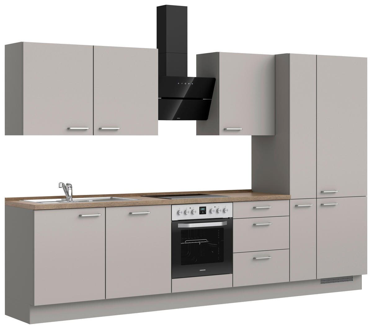 KÜCHENBLOCK 330 cm   in Grau, Eiche dunkel  - Eiche dunkel/Edelstahlfarben, MODERN, Holzwerkstoff/Metall (330cm) - Nobilia