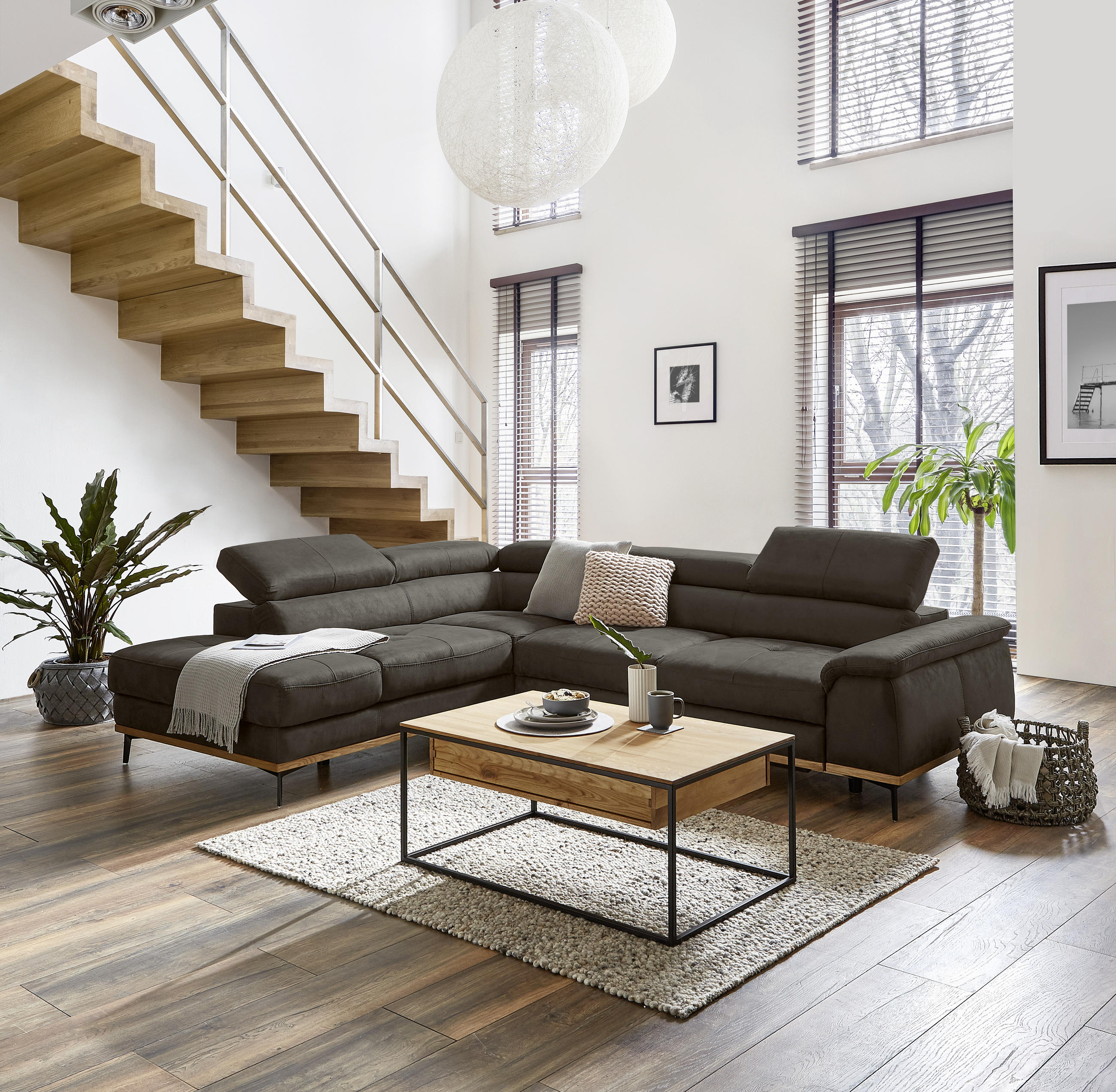 ECKSOFA inkl.Funktionen Anthrazit Lederlook  - Anthrazit/Schwarz, Natur, Holz/Textil (226/282cm) - Novel