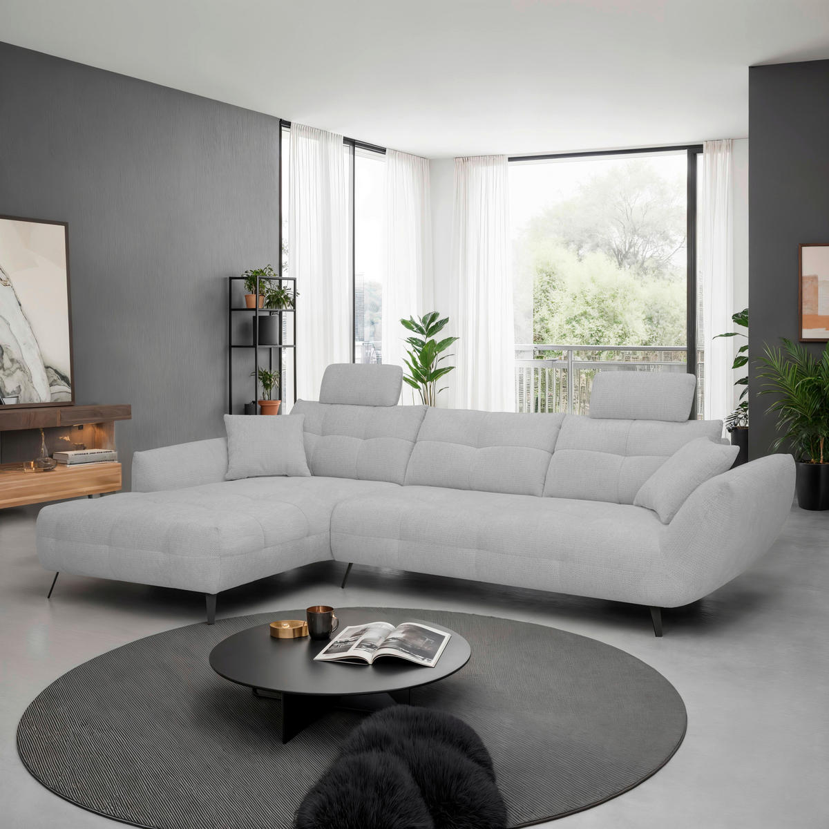 ECKSOFA Silberfarben Chenille Armlehnenkissen, Rücken echt, Sitztiefenverstellung  - Silberfarben/Schwarz, KONVENTIONELL, Textil/Metall (215/313cm) - Hom`in