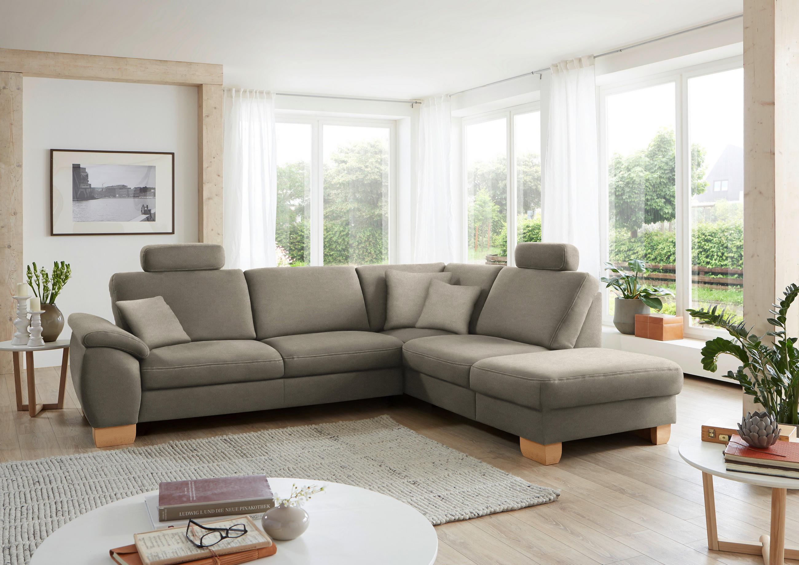 ECKSOFA in Mikrofaser Hellgrau  - Wildeiche/Beige, Natur, Holz/Textil (286/236cm) - Voleo