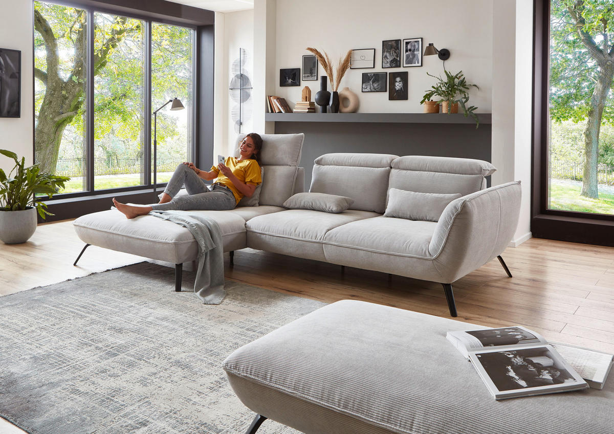 ECKSOFA Hellgrau Cord  - Hellgrau/Schwarz, Design, Textil/Metall (196/301cm) - Moderano