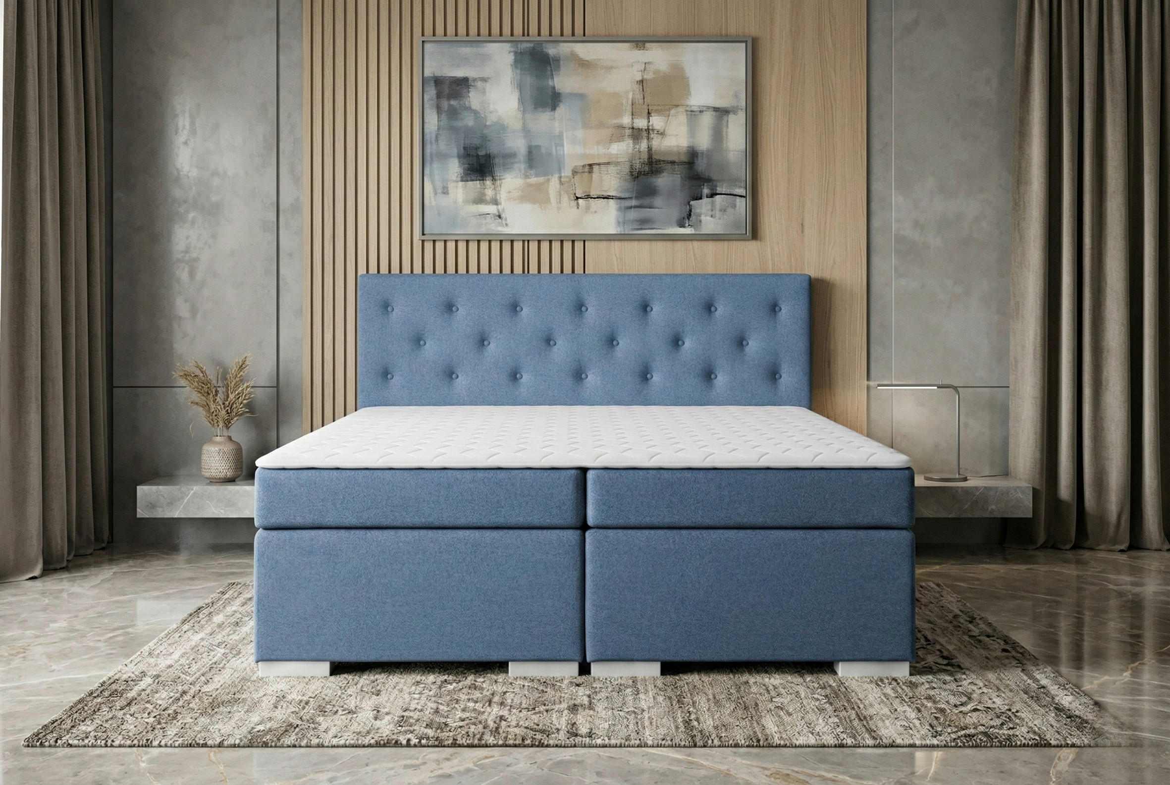 Modrá boxspringová postel veľkosti 180/200 cm