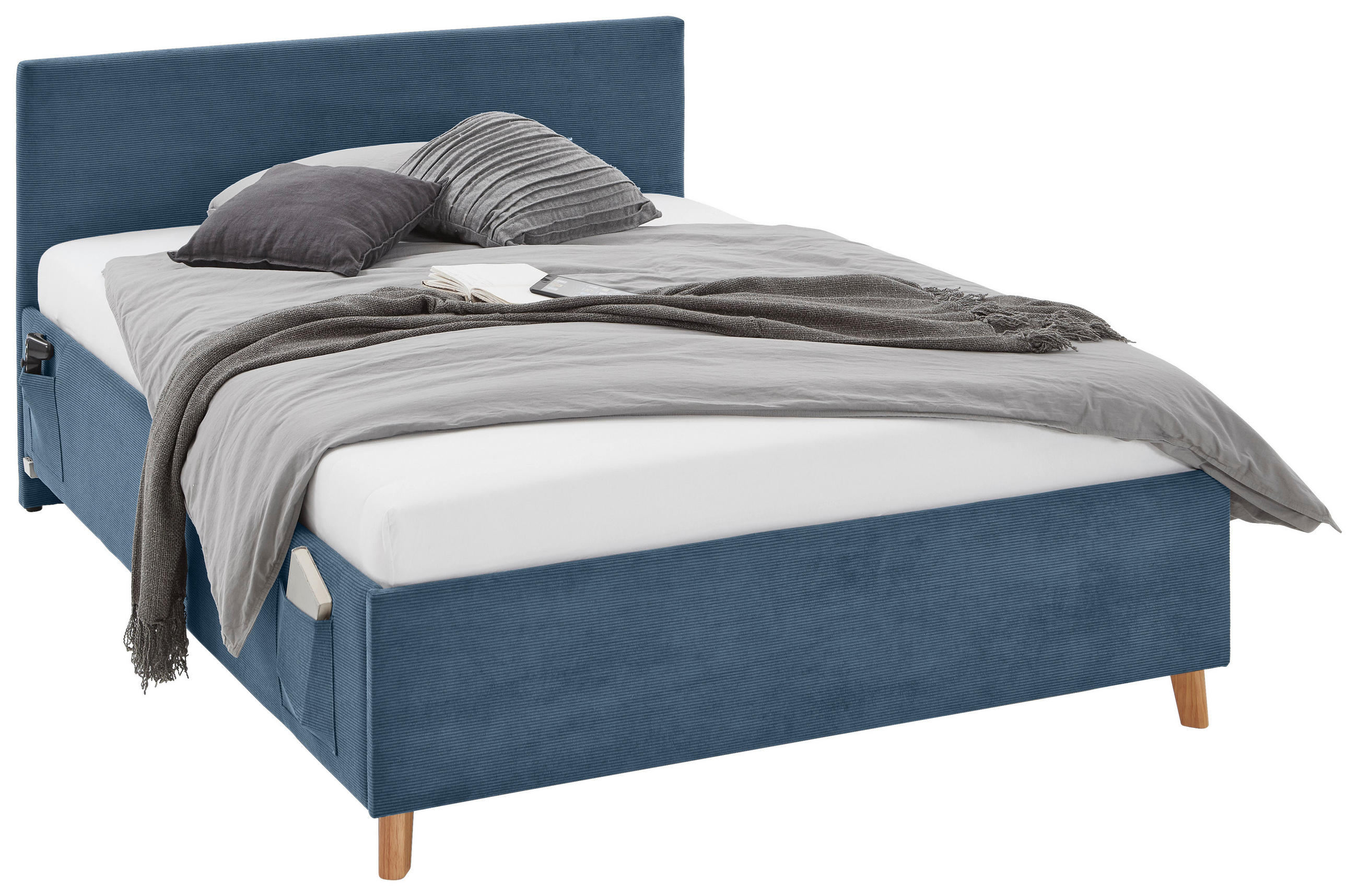 POLSTERBETT 140/200 cm,  in Blau, Lattenrost, Bettkasten,  - Blau/Eichefarben, KONVENTIONELL, Holz/Textil (140/200cm) - Stylife