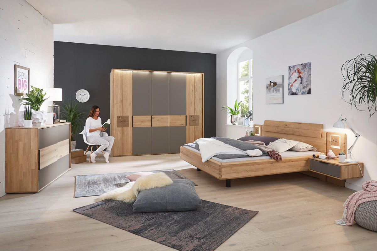 SCHLAFZIMMER Grau, Eichefarben  - Eichefarben/Grau, Design, Glas/Holz (180/200cm) - Valnatura