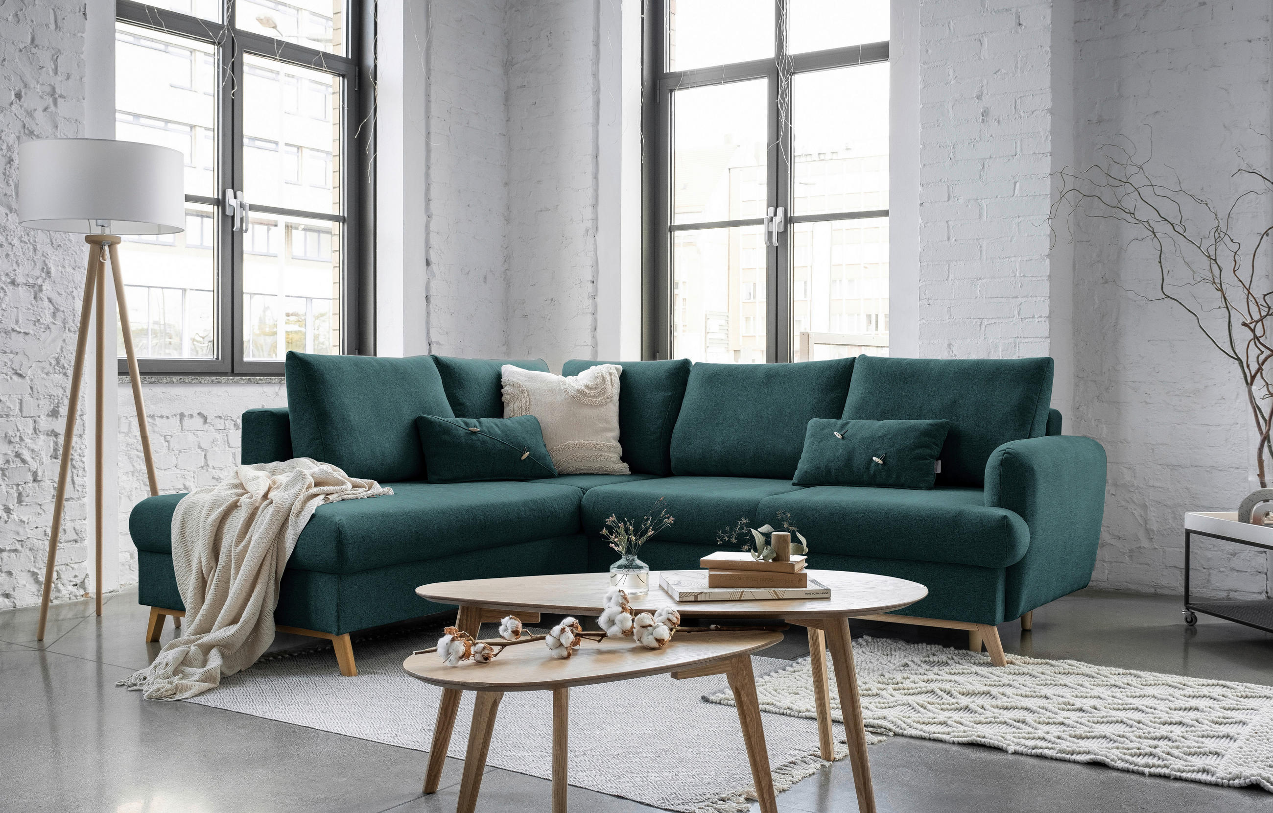 ECKSOFA in Chenille Türkis  - Türkis/Naturfarben, Holz/Textil (202/242cm) - MID.YOU