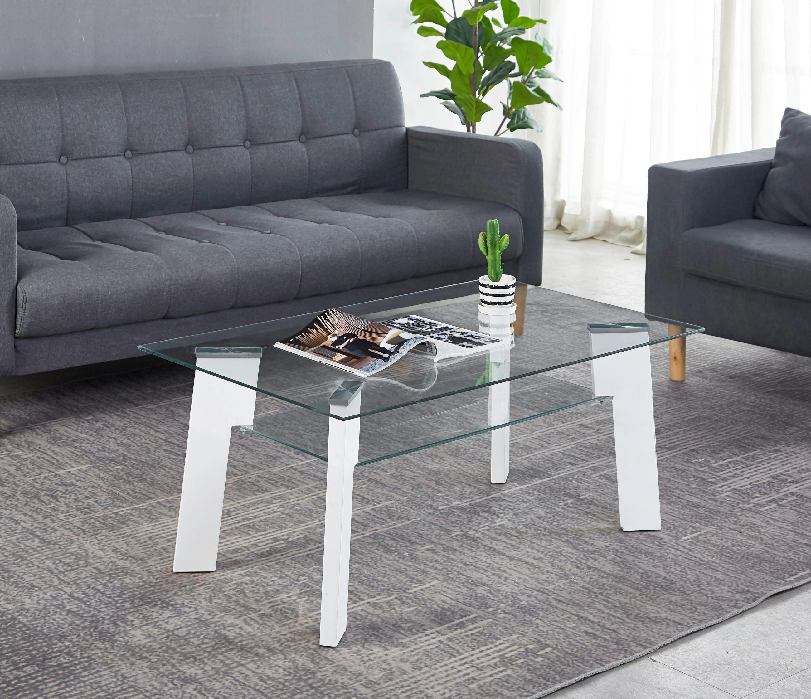 COUCHTISCH Sicherheitsglas 110/60/42 cm rechteckig Klar, Weiß Hochglanz  - Klar/Weiß Hochglanz, Design, Glas/Holzwerkstoff (110/60/42cm) - Livetastic